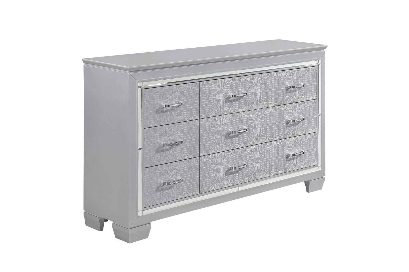Allura Silver Contemporary Solid Wood Faux Leather Upholstered Tufted LED Panel Bedroom Set - Ella Furniture