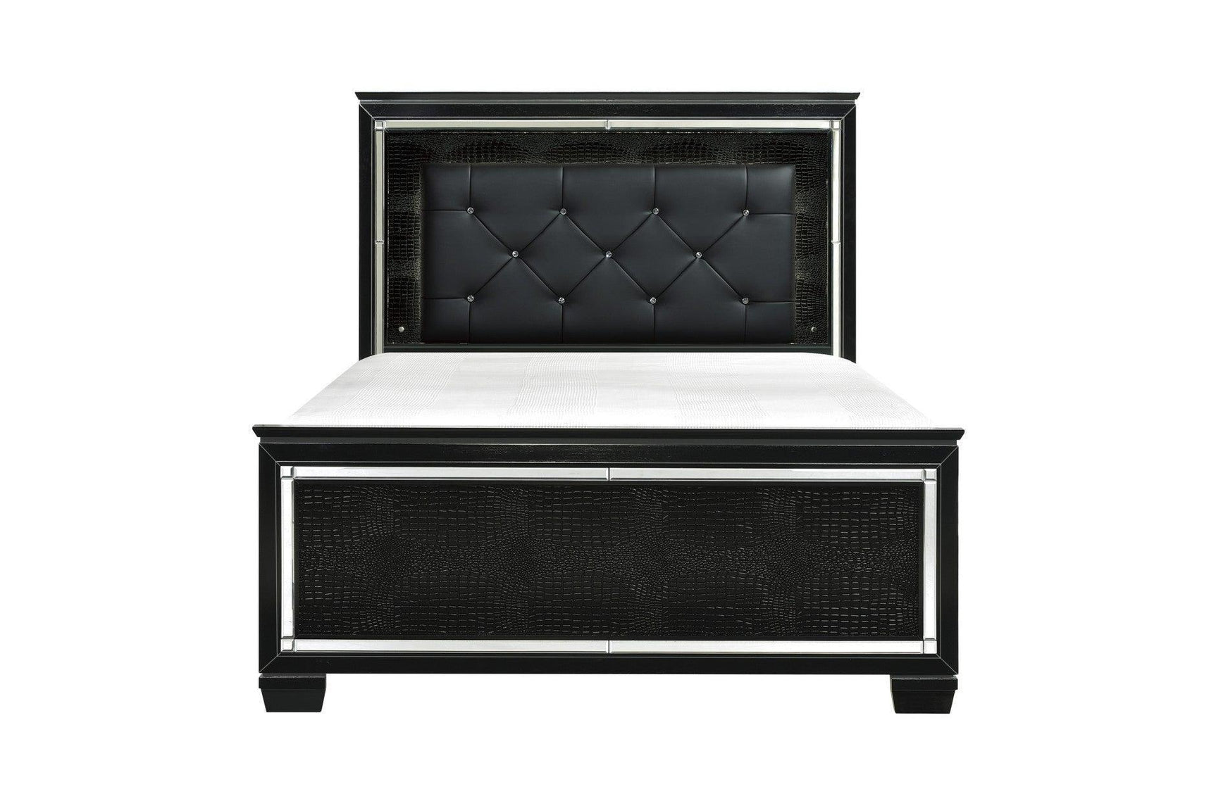 Allura Black Glamour Contemporary Solid Wood Faux Leather Upholstered Tufted LED Panel Bedroom Set - Ella Furniture