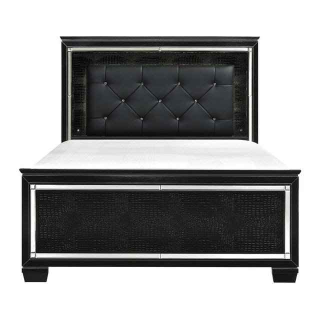 Allura Black Contemporary Wood Faux Leather Upholstered Tufted Queen Panel Bed, LED Lighting - Ella Furniture