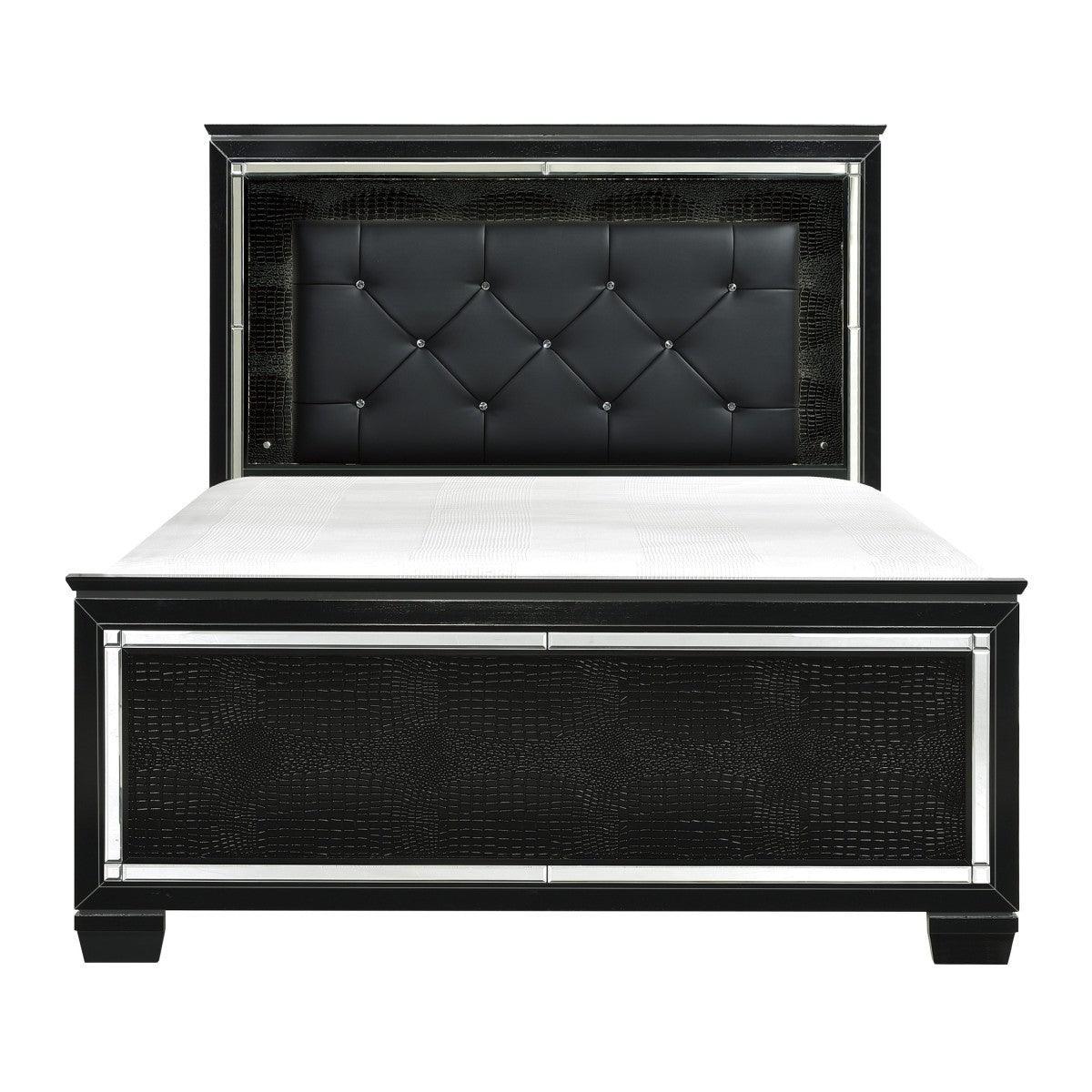 Allura Black Contemporary Wood Faux Leather Upholstered Tufted Queen Panel Bed, LED Lighting - Ella Furniture