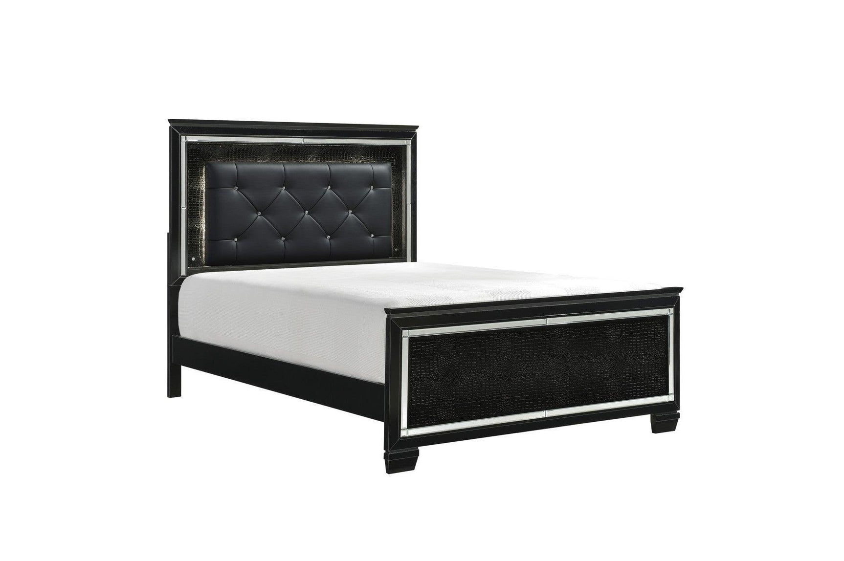 Allura Black Glamour Contemporary Solid Wood Faux Leather Upholstered Tufted LED Panel Bedroom Set - Ella Furniture