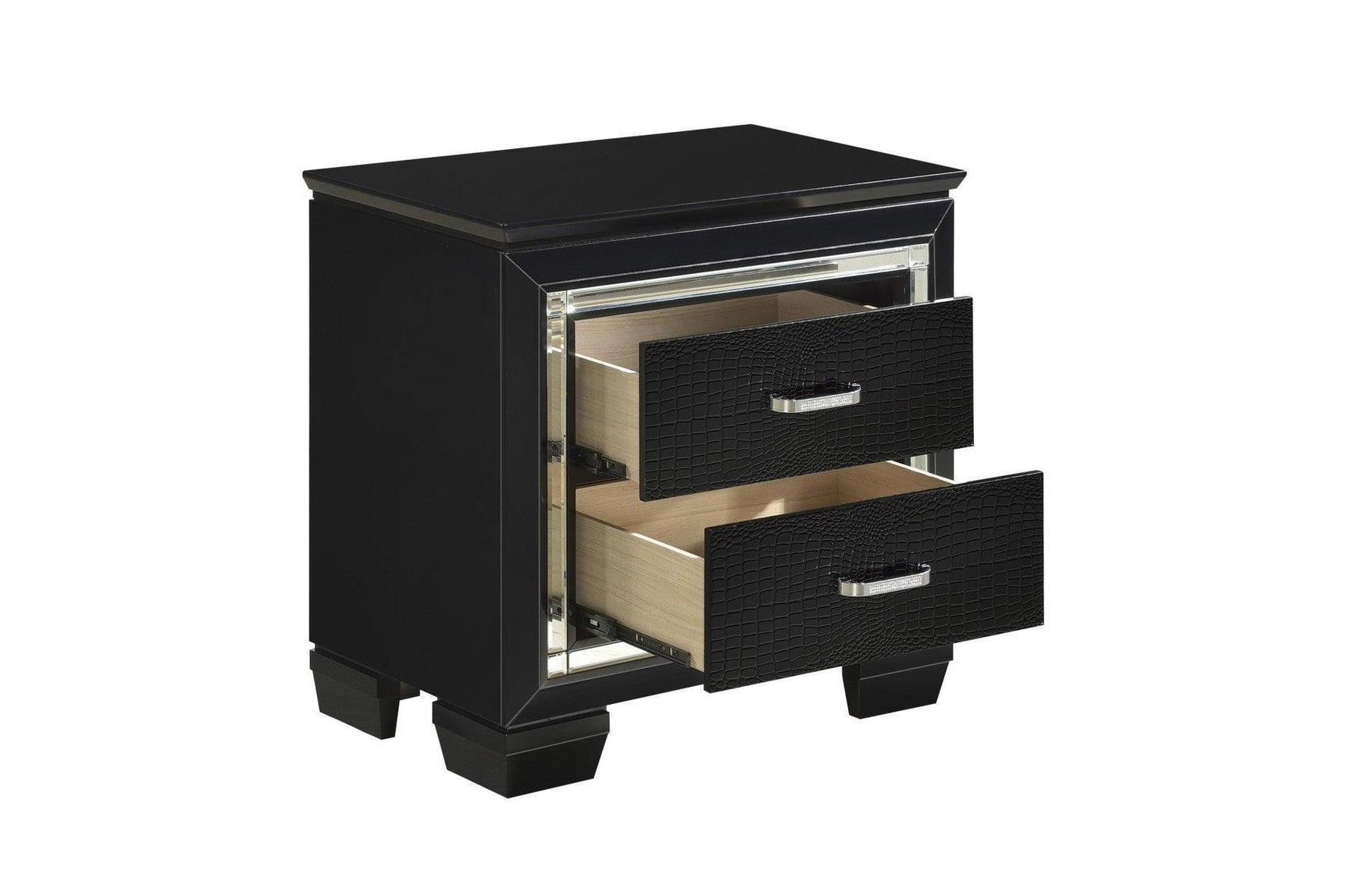 Allura Black Glamour Contemporary Solid Wood Faux Leather Upholstered Tufted LED Panel Bedroom Set - Ella Furniture