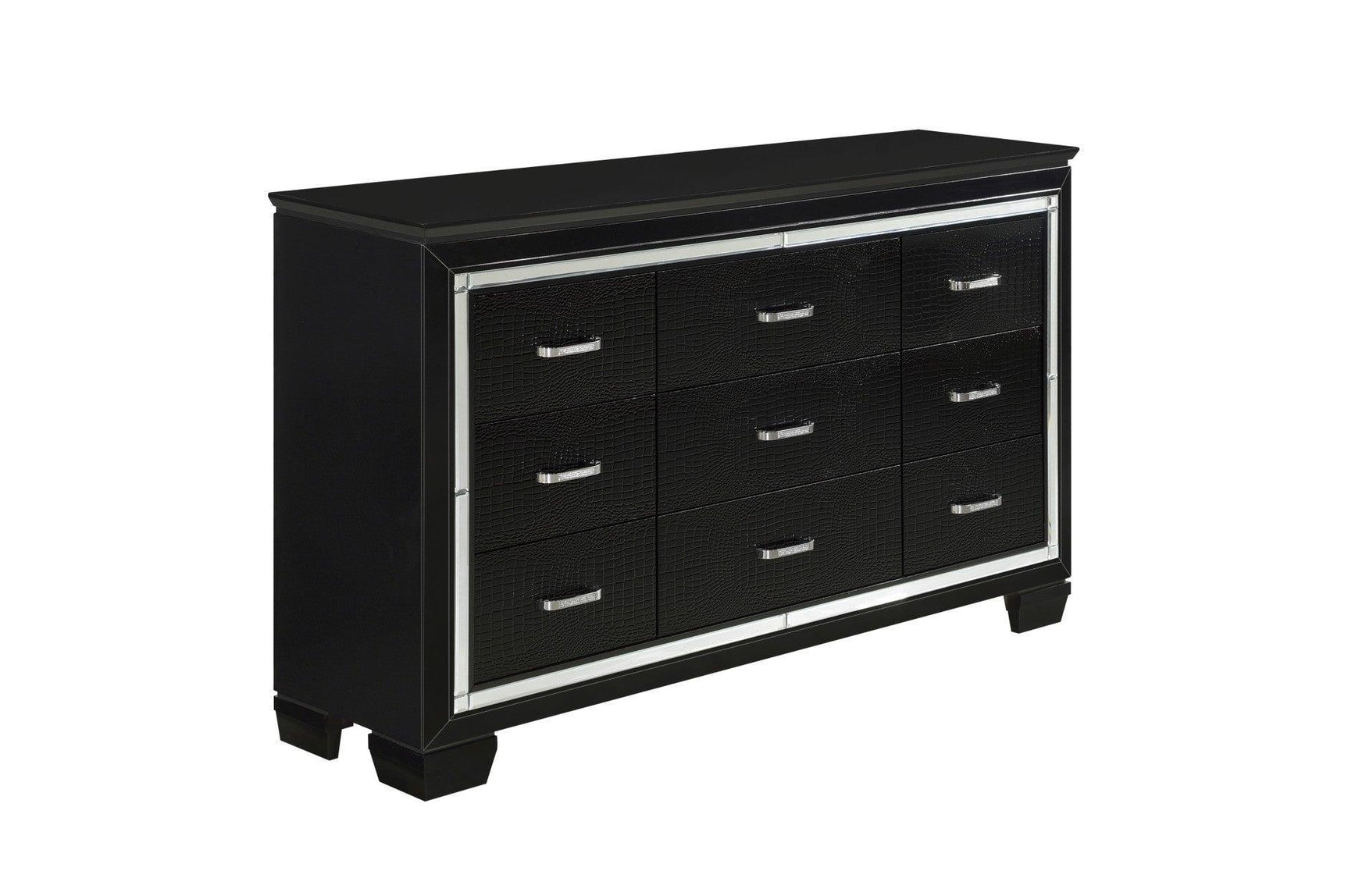 Allura Black Glamour Contemporary Solid Wood Faux Leather Upholstered Tufted LED Panel Bedroom Set - Ella Furniture