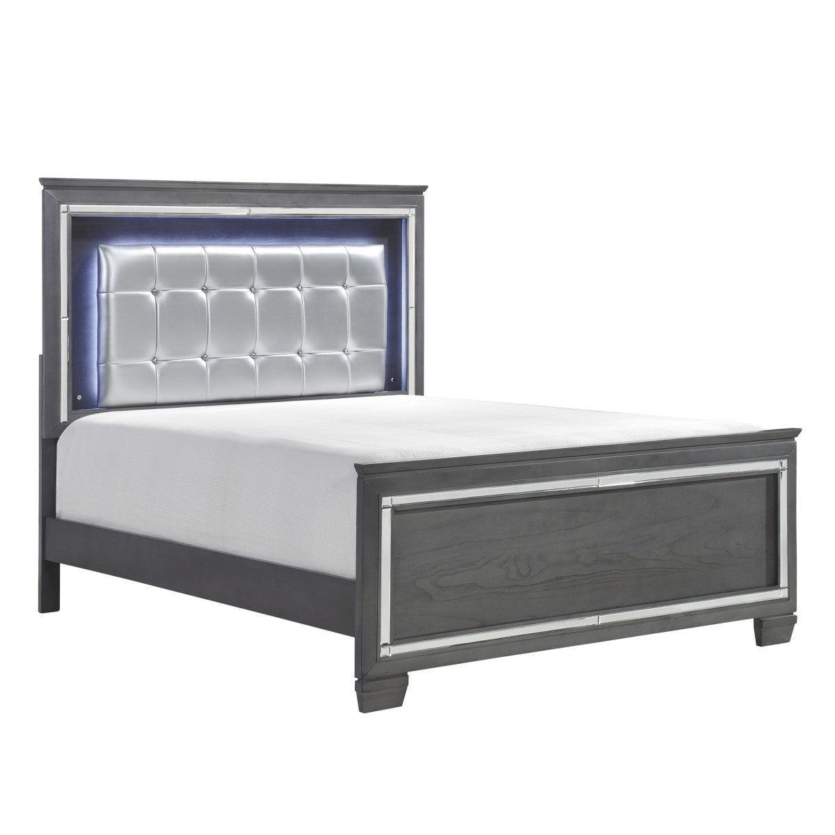 Allura Gray Contemporary Wood And Engineered Wood Faux Leather Upholstered Tufted King LED Bed - Ella Furniture