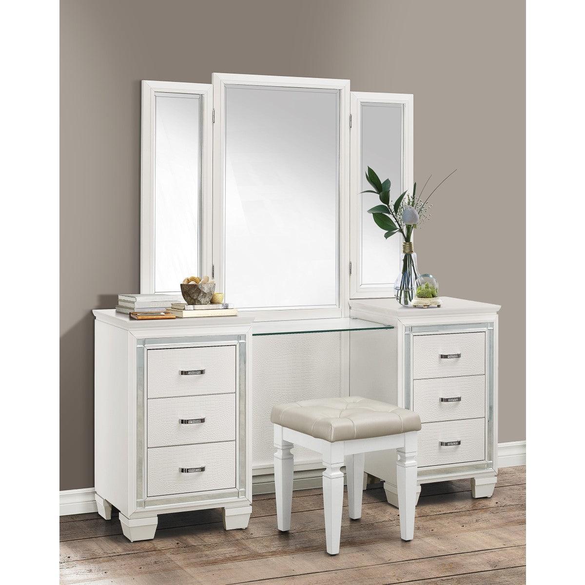 Allura White Faux Alligator Embossed Wood And Engineered Wood Vanity Dresser With Mirror - Ella Furniture