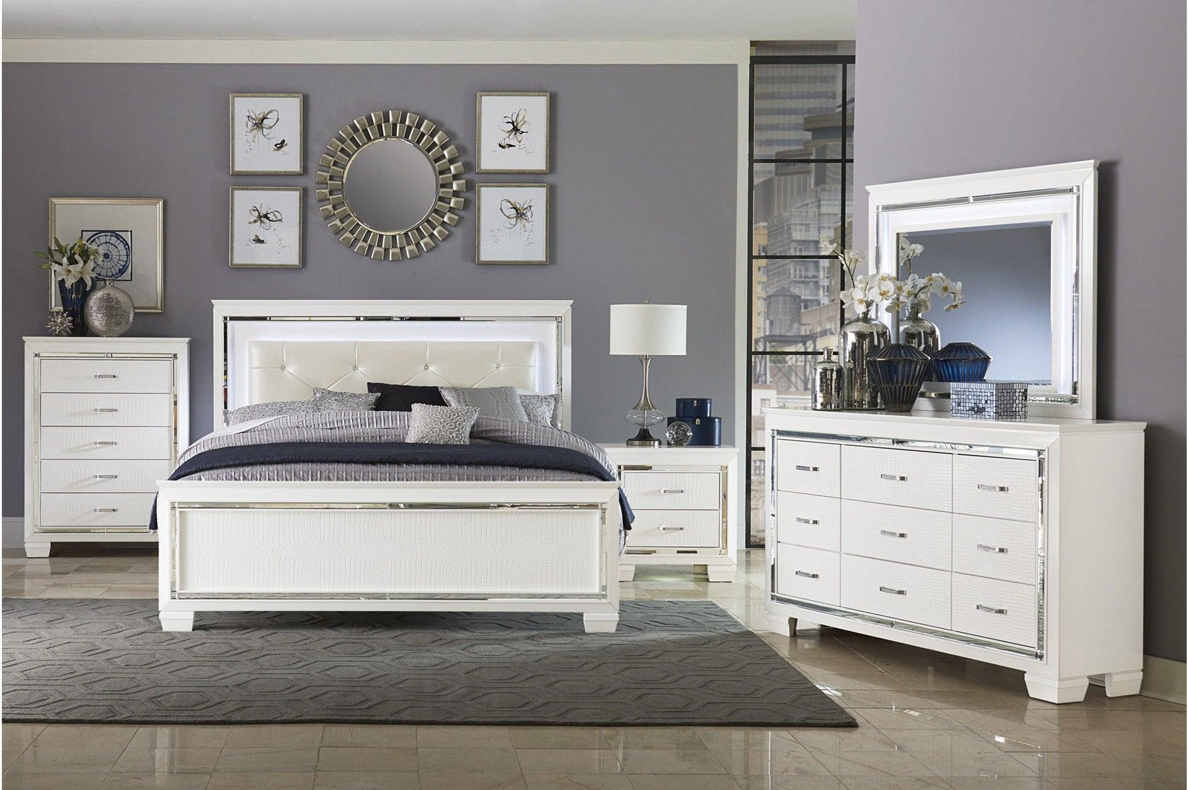 Allura White Modern Contemporary Solid Wood Faux Leather Upholstered Tufted LED Panel Bedroom Set - Ella Furniture