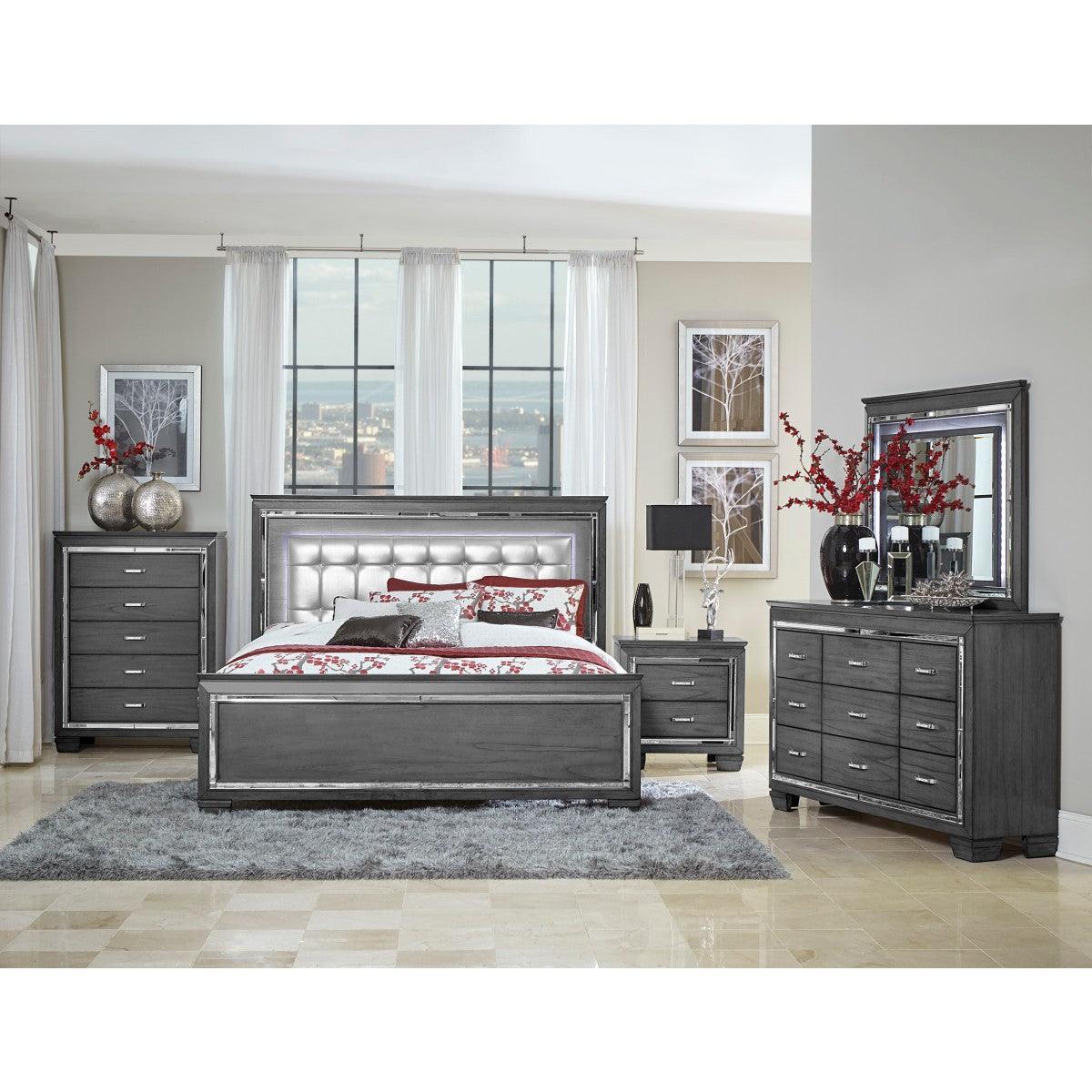 Allura Gray Contemporary Wood And Engineered Wood Faux Leather Upholstered Tufted King LED Bed - Ella Furniture