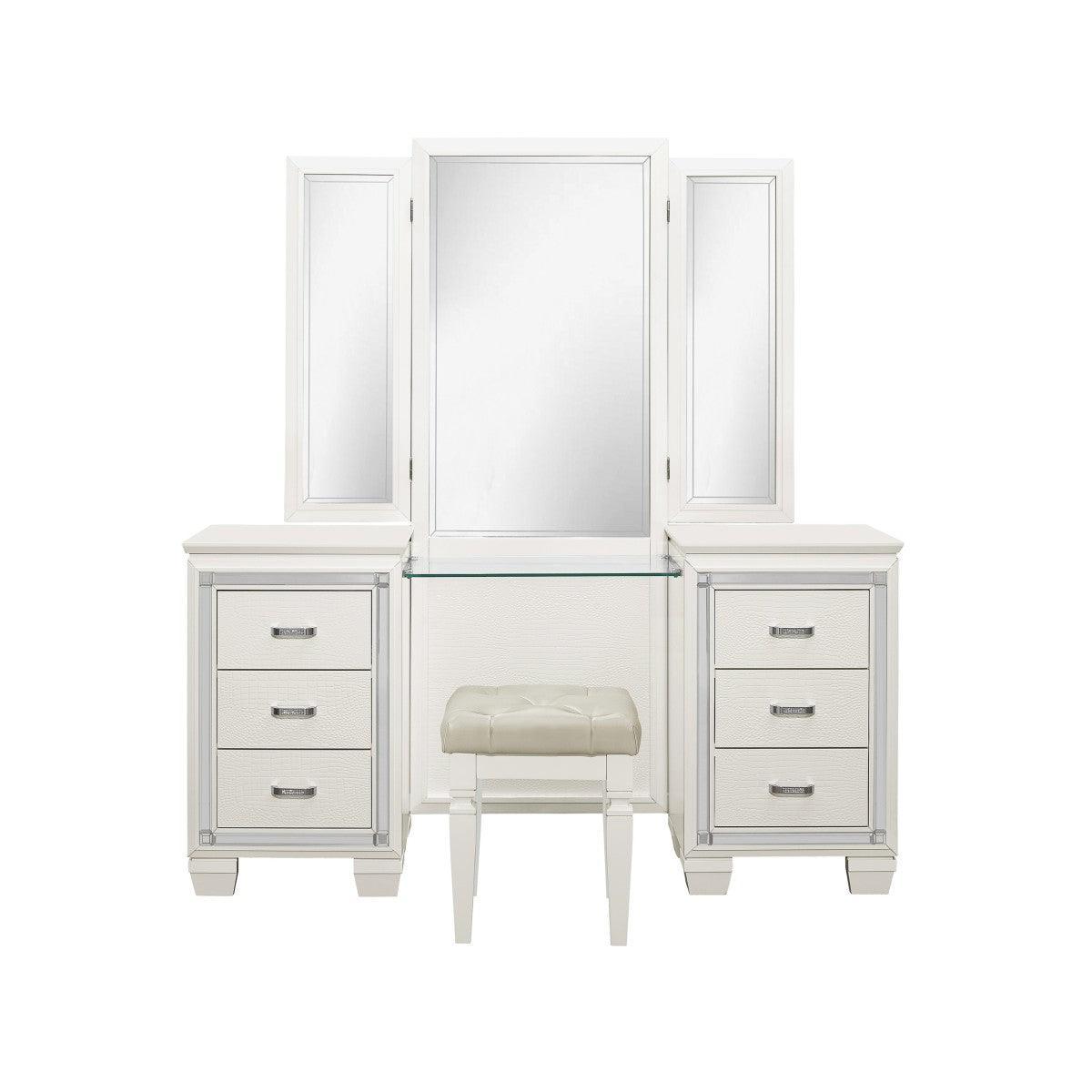 Allura White Faux Alligator Embossed Wood And Engineered Wood Vanity Dresser With Mirror - Ella Furniture