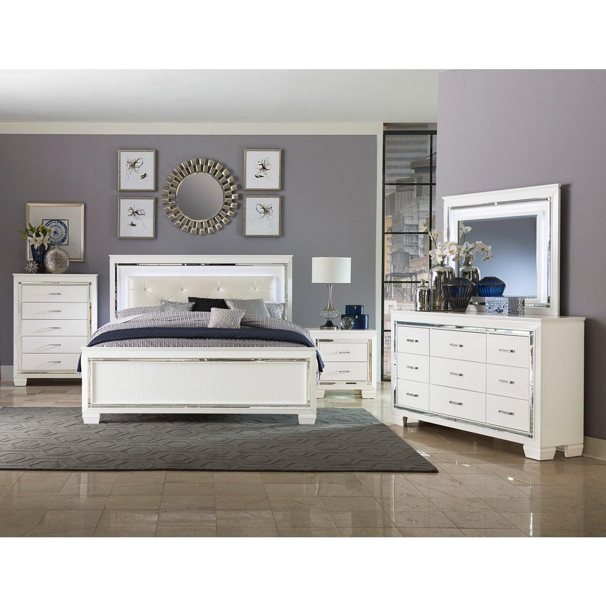 Allura White Contemporary Wood And Engineered Wood Faux Leather Upholstered Tufted LED King Bed - Ella Furniture