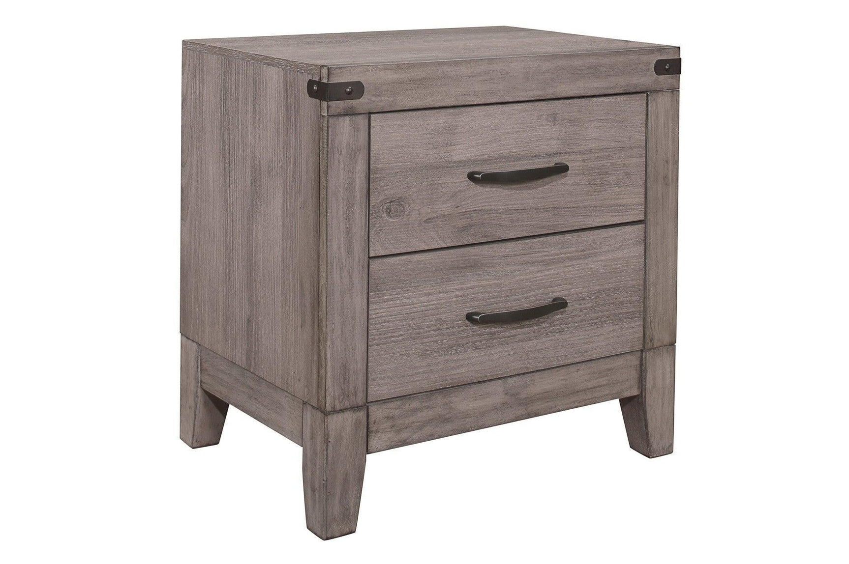 Woodrow Dark Metal Melamine Laminate Weathered Wood Metal Faux Leather Side Pier Bedroom Set - Ella Furniture