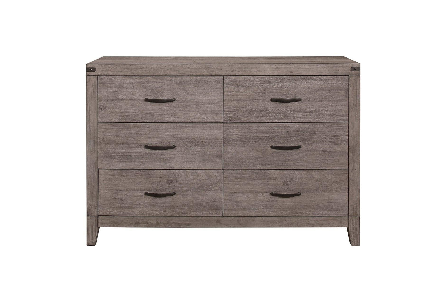 Woodrow Dark Metal Melamine Laminate Weathered Wood Metal Faux Leather Side Pier Bedroom Set - Ella Furniture