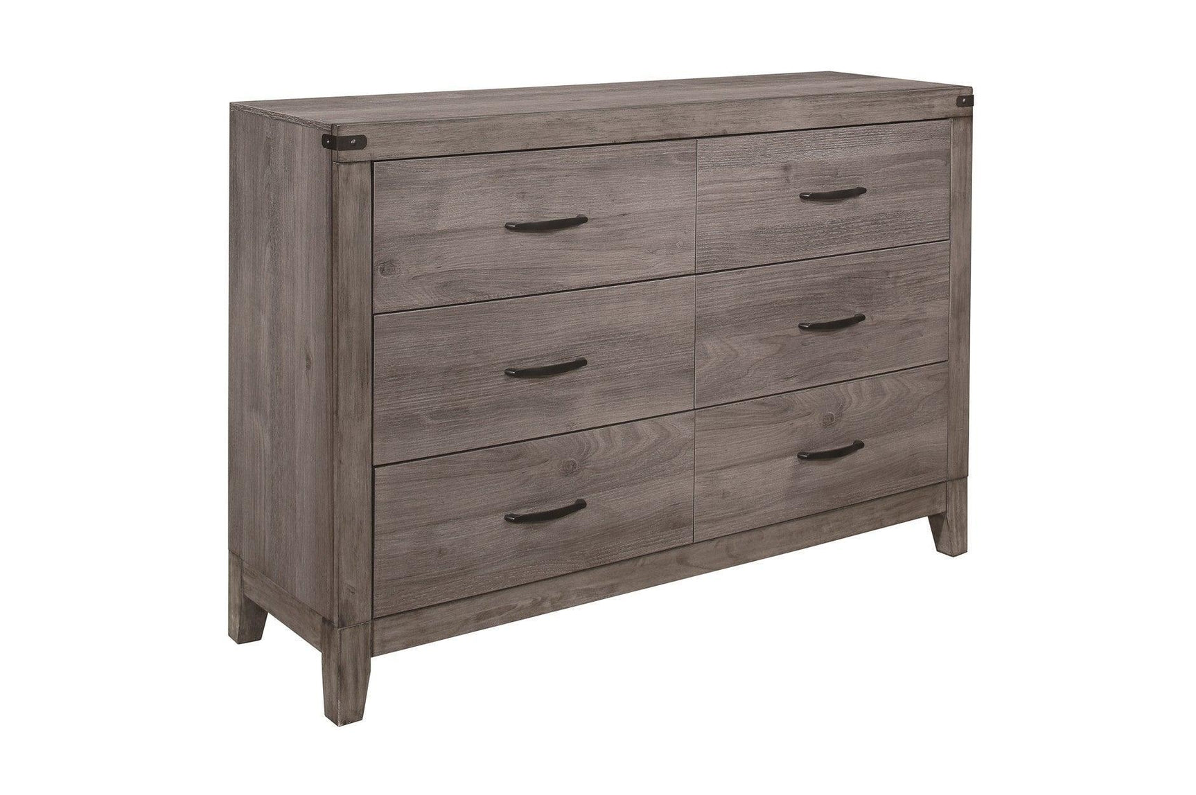 Woodrow Dark Metal Melamine Laminate Weathered Wood Metal Faux Leather Side Pier Bedroom Set - Ella Furniture