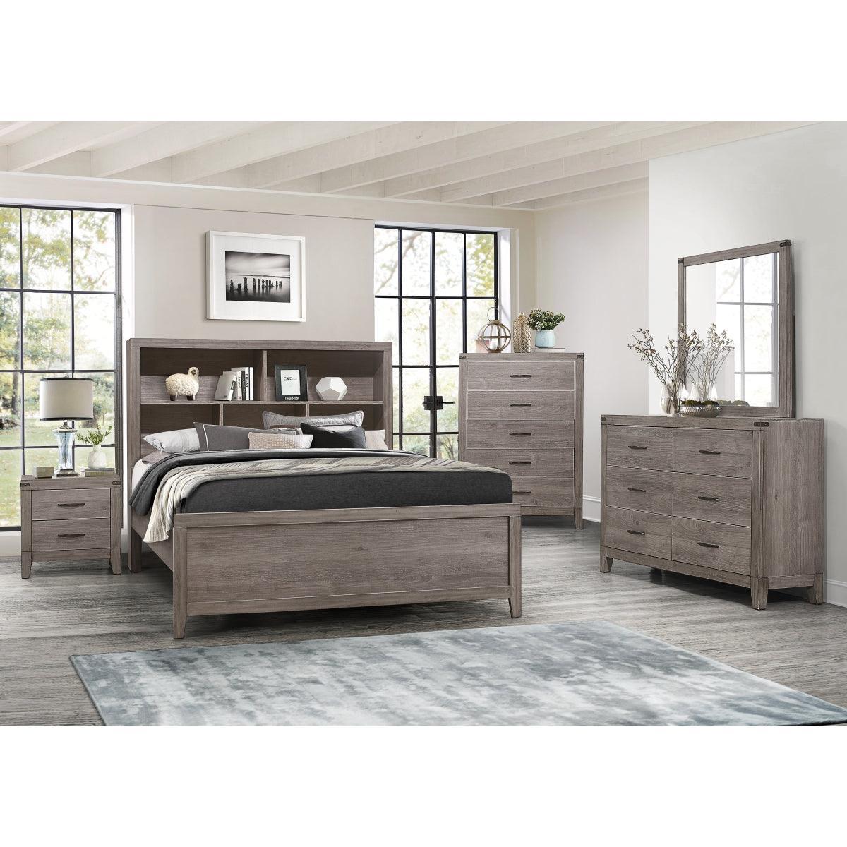 Woodrow Brownish Gray Melamine Board Engineered Wood Faux Leather Upholstered Queen Panel Bed - Ella Furniture