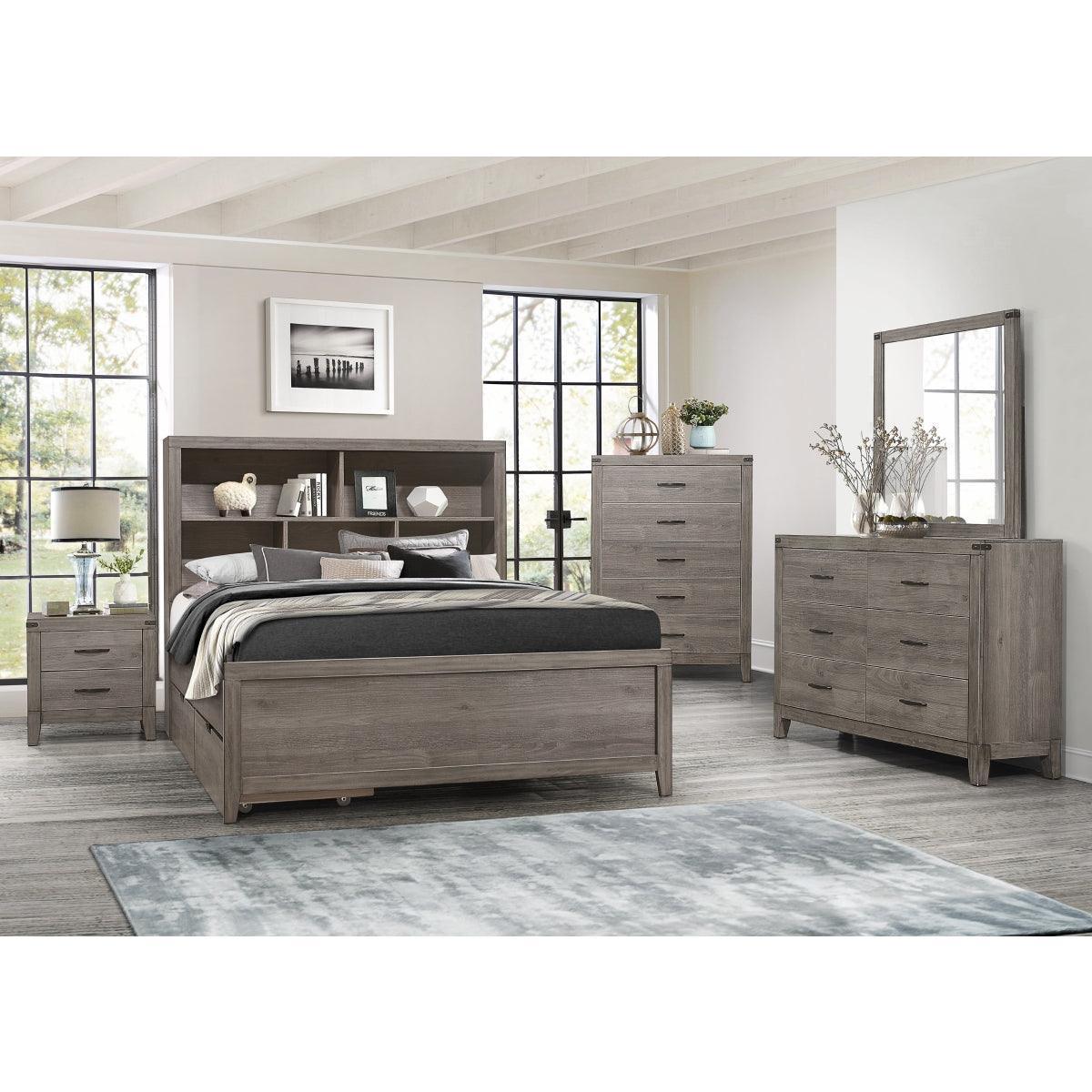 Woodrow Brownish Gray Melamine Board Engineered Wood Faux Leather Upholstered Queen Panel Bed - Ella Furniture