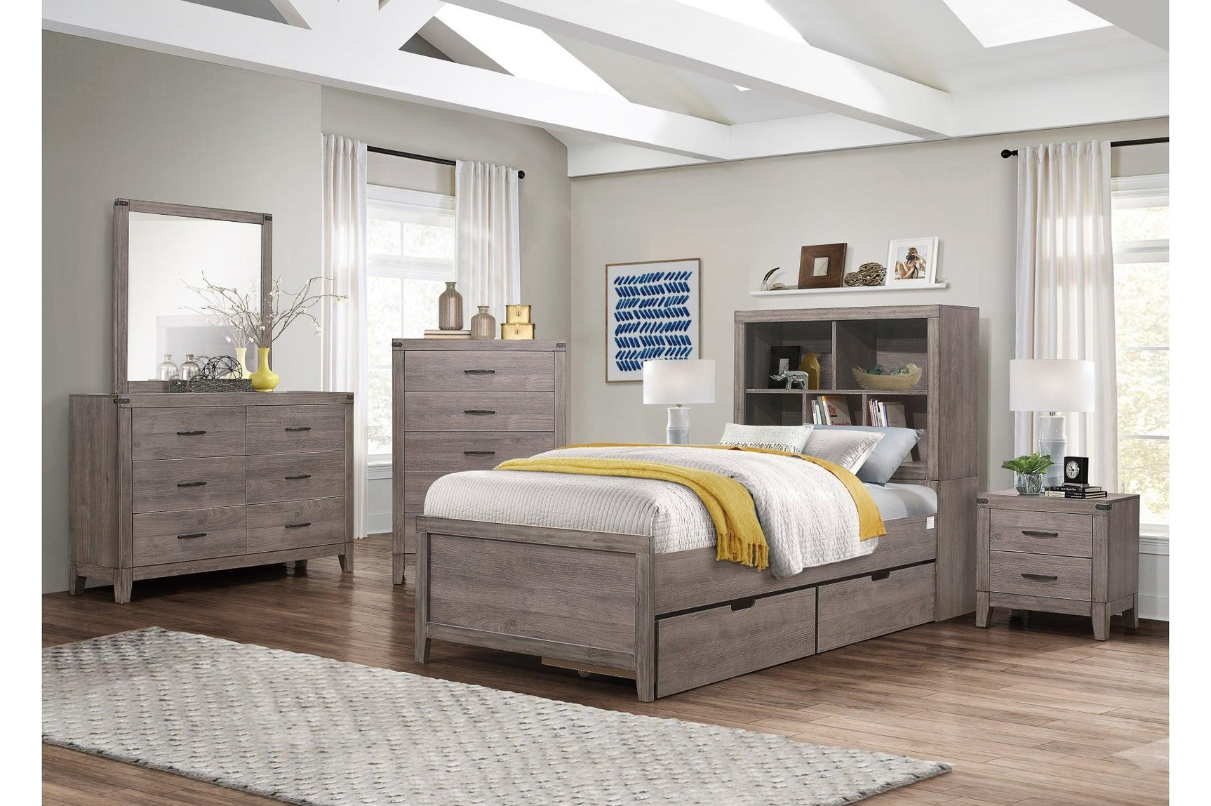Woodrow Weather Wood Melamine Industrial Weathered Wood Metal Storage Panel Bedroom Set - Ella Furniture