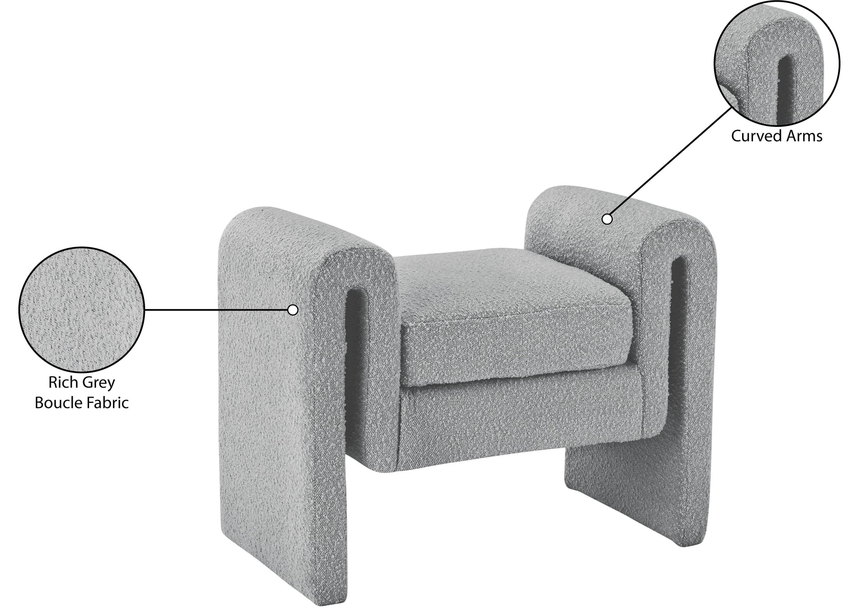 Stylus Grey Boucle Fabric 31.5" Bench - Ella Furniture