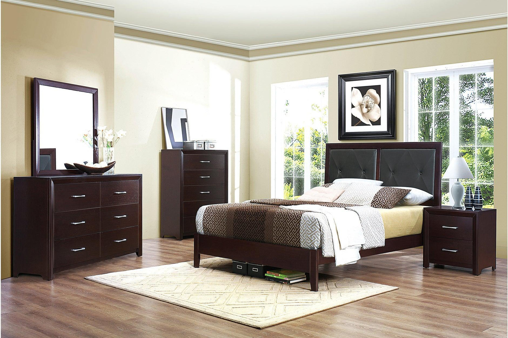Edina Espresso Contemporary Solid Hardwood Faux Leather Upholstered Tufted Platform Bedroom Set - Ella Furniture