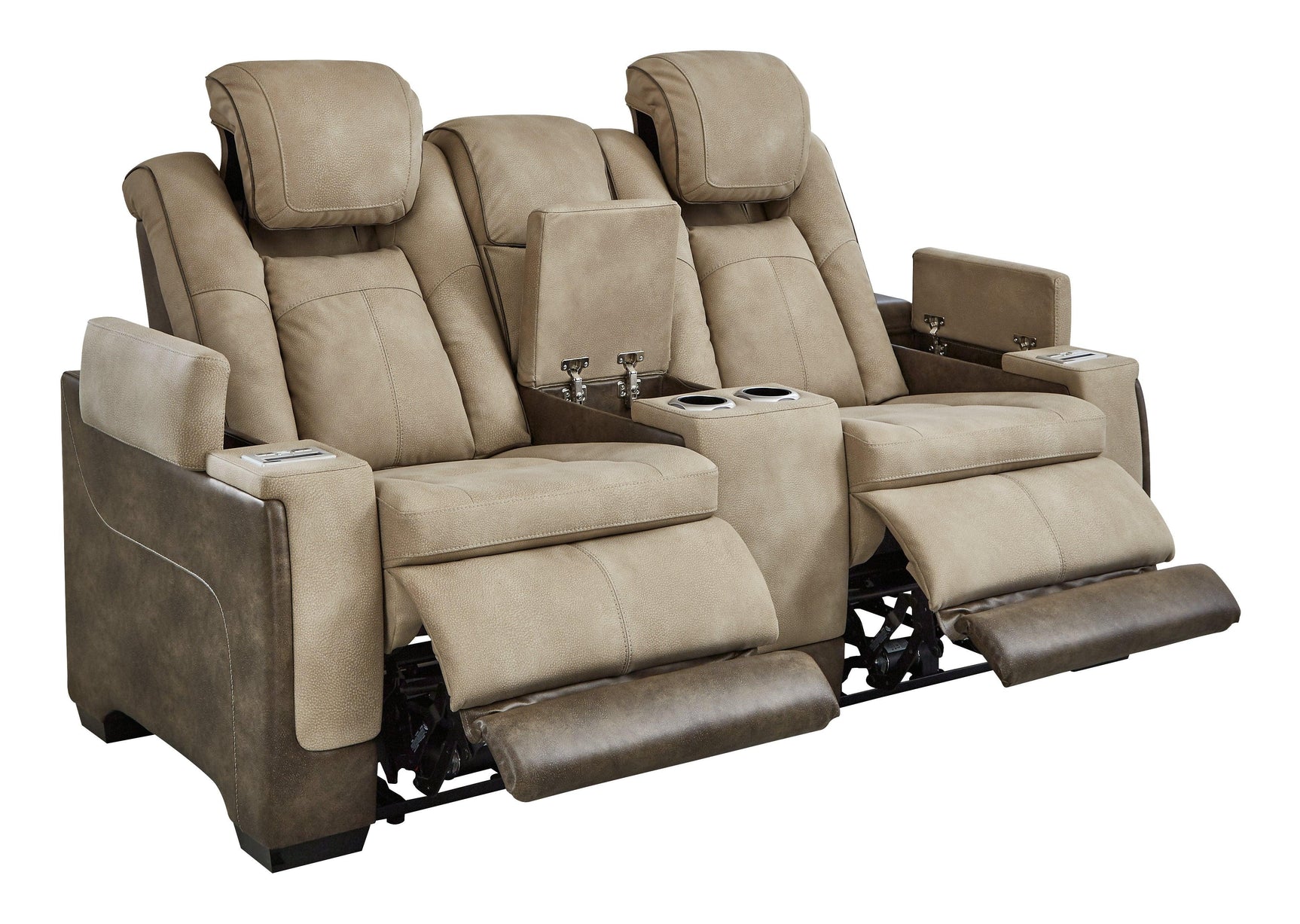 Next-gen Durapella Sand Faux Leather Power Reclining Loveseat With Console - Ella Furniture