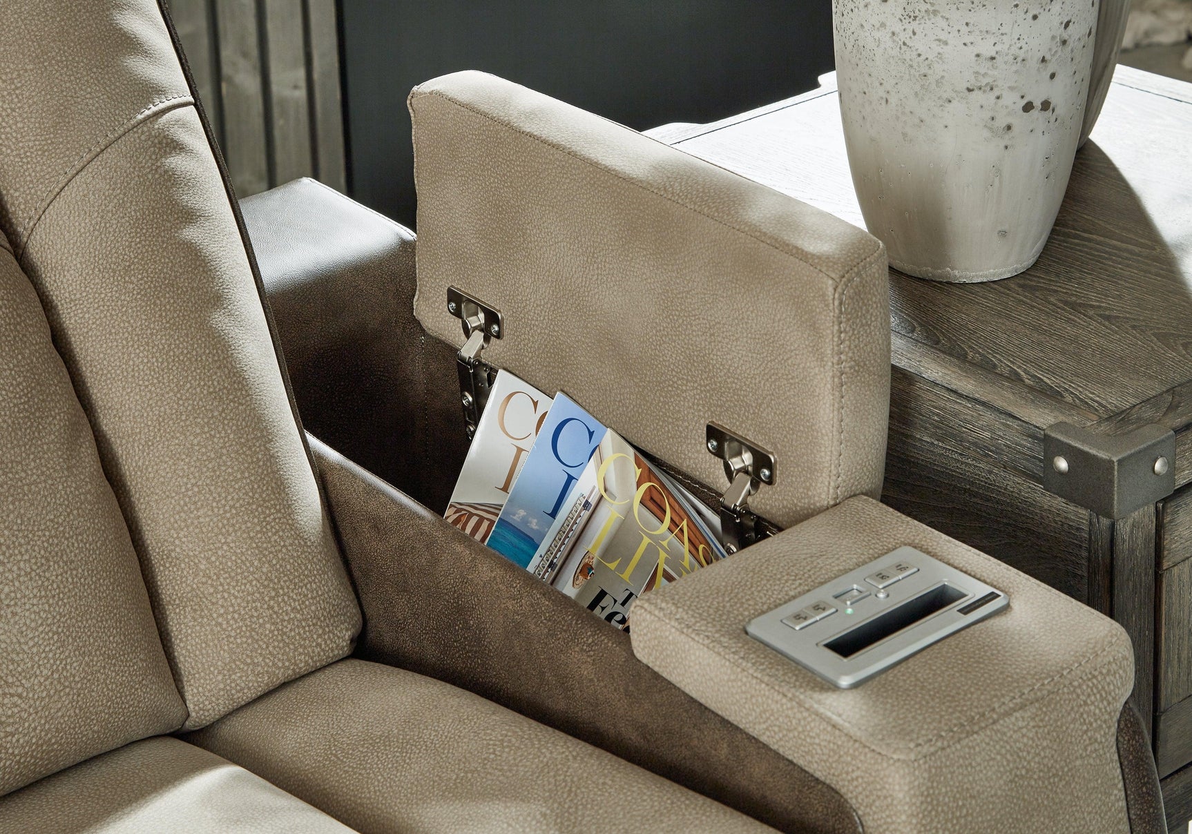 Next-gen Durapella Sand Faux Leather Power Recliner - Ella Furniture