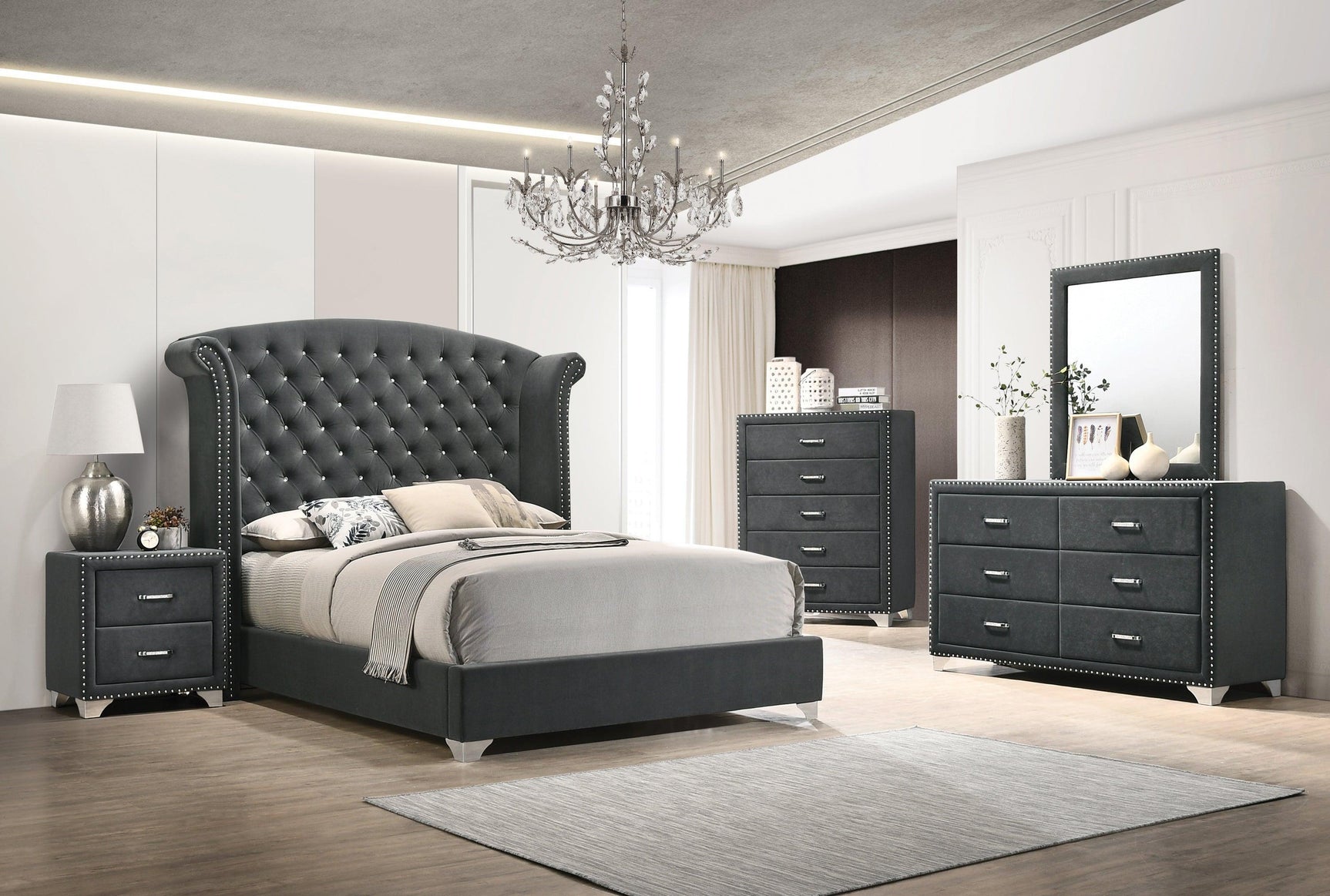 Melody Eastern King Wingback Upholstered Bed Grey - Ella Furniture