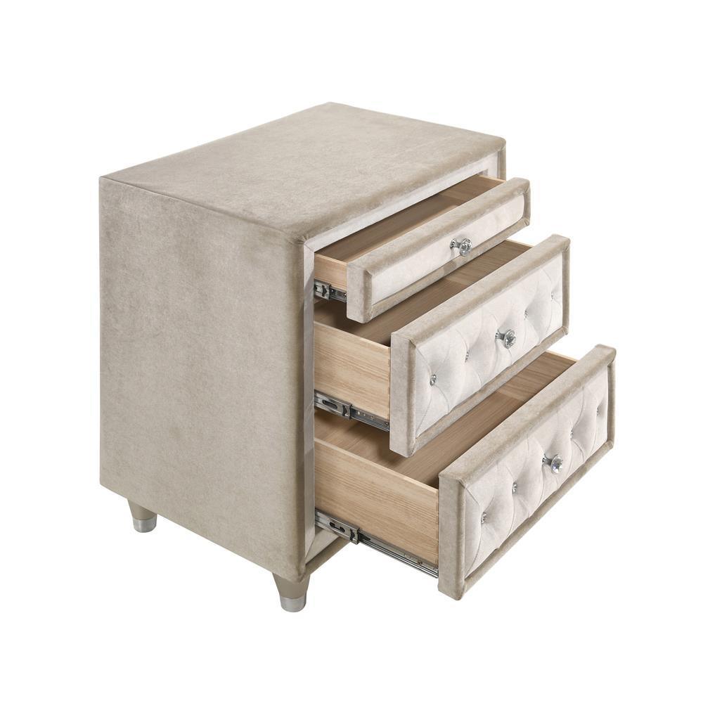Antonella 3-Drawer Upholstered Nightstand Ivory And Camel - Ella Furniture