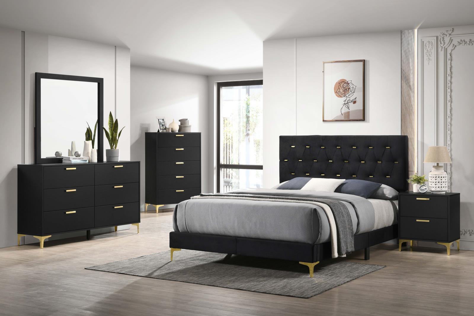 Kendall Tufted Panel Eastern King Bed Black And Gold - Ella Furniture