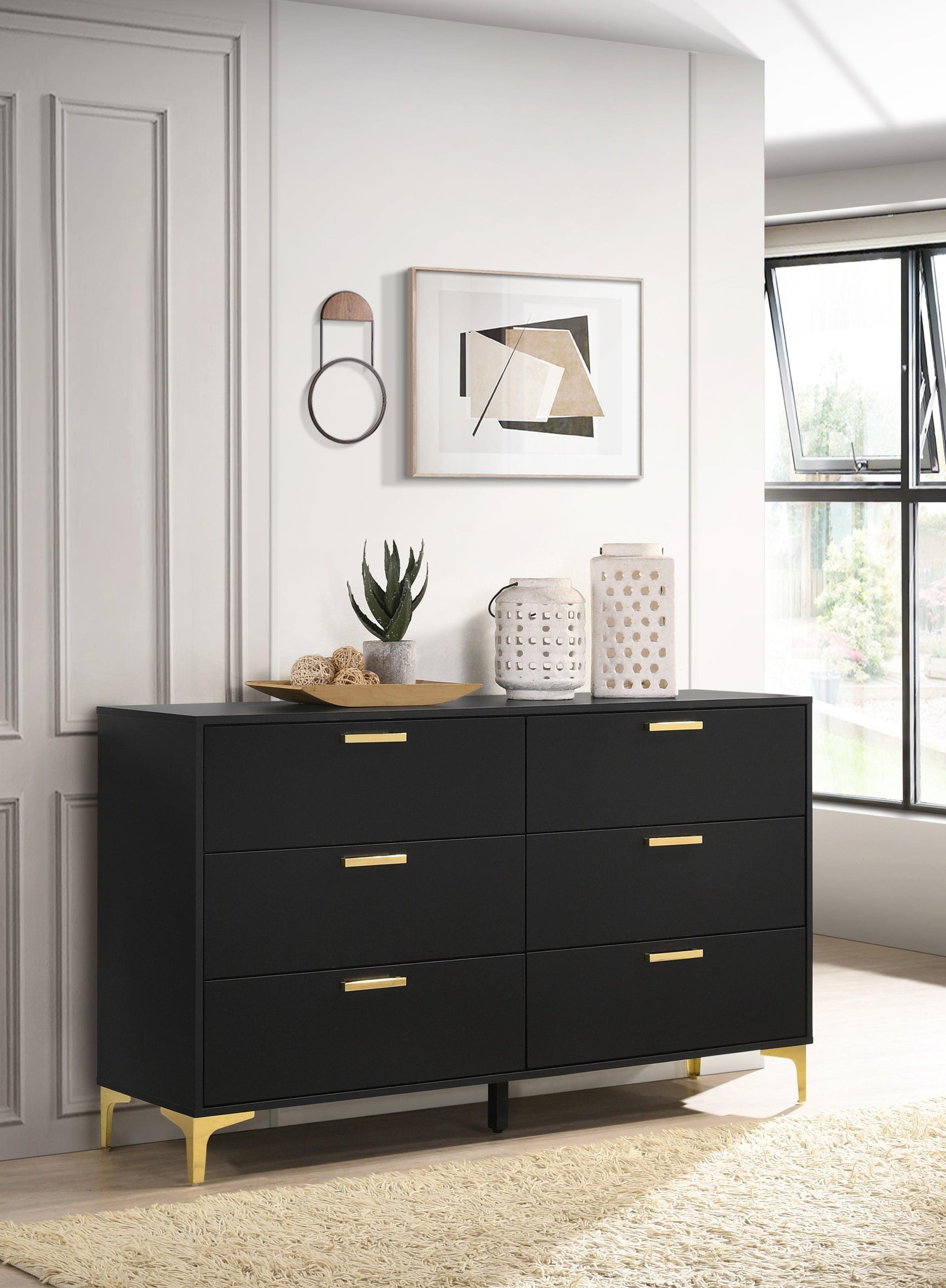 Kendall 6-Drawer Dresser Black And Gold - Ella Furniture