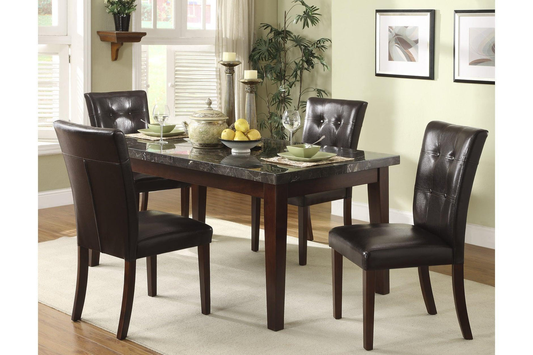 Decatur Dark Cherry, Dark Brown Solid Wood Tufted Seat Faux Marble TopRectangular Dining Room Set - Ella Furniture