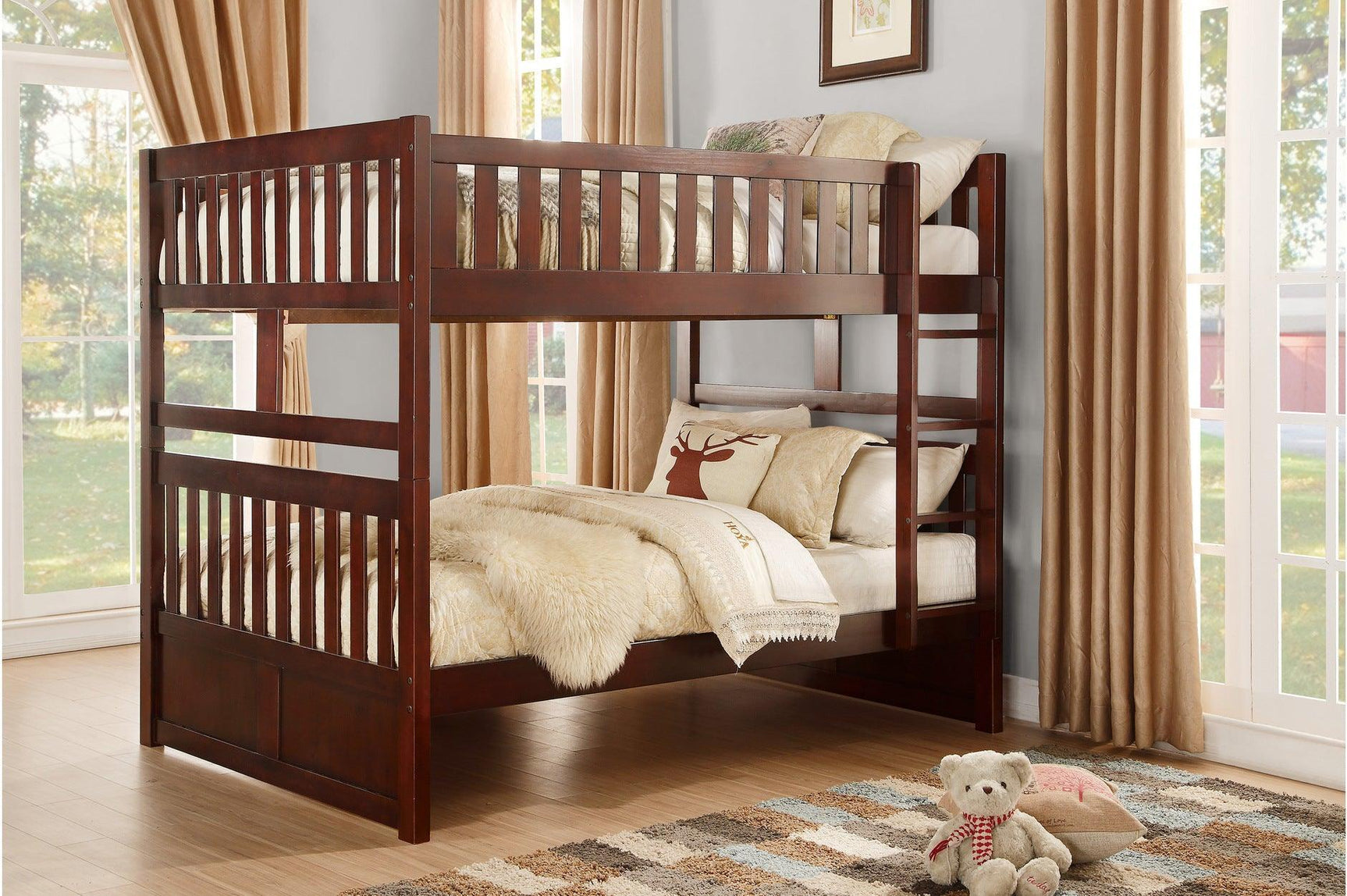 Rowe Dark Cherry Modern Transitional Solid Wood Youth Twin Over Twin Bedroom Set - Ella Furniture