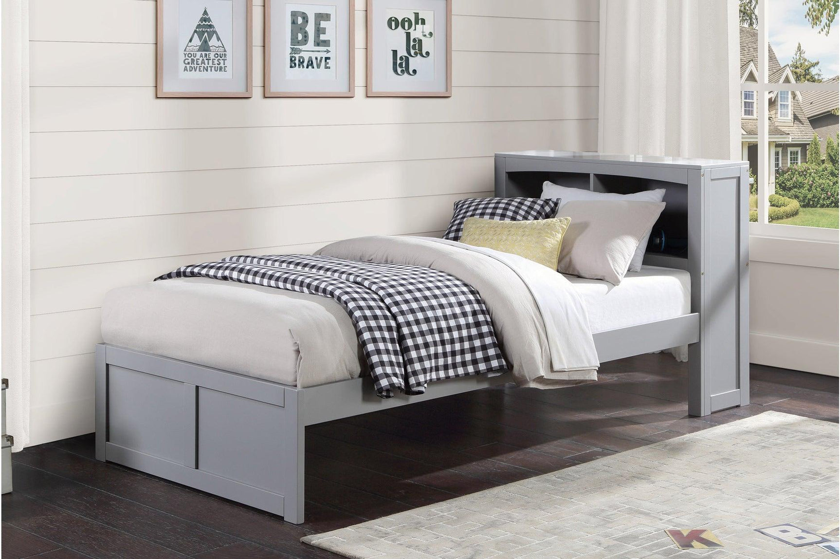 Orion Gray Modern Transitional Wood Engineered Wood Youth Twin Bed And Twin Corner Bookcase Bed - Ella Furniture
