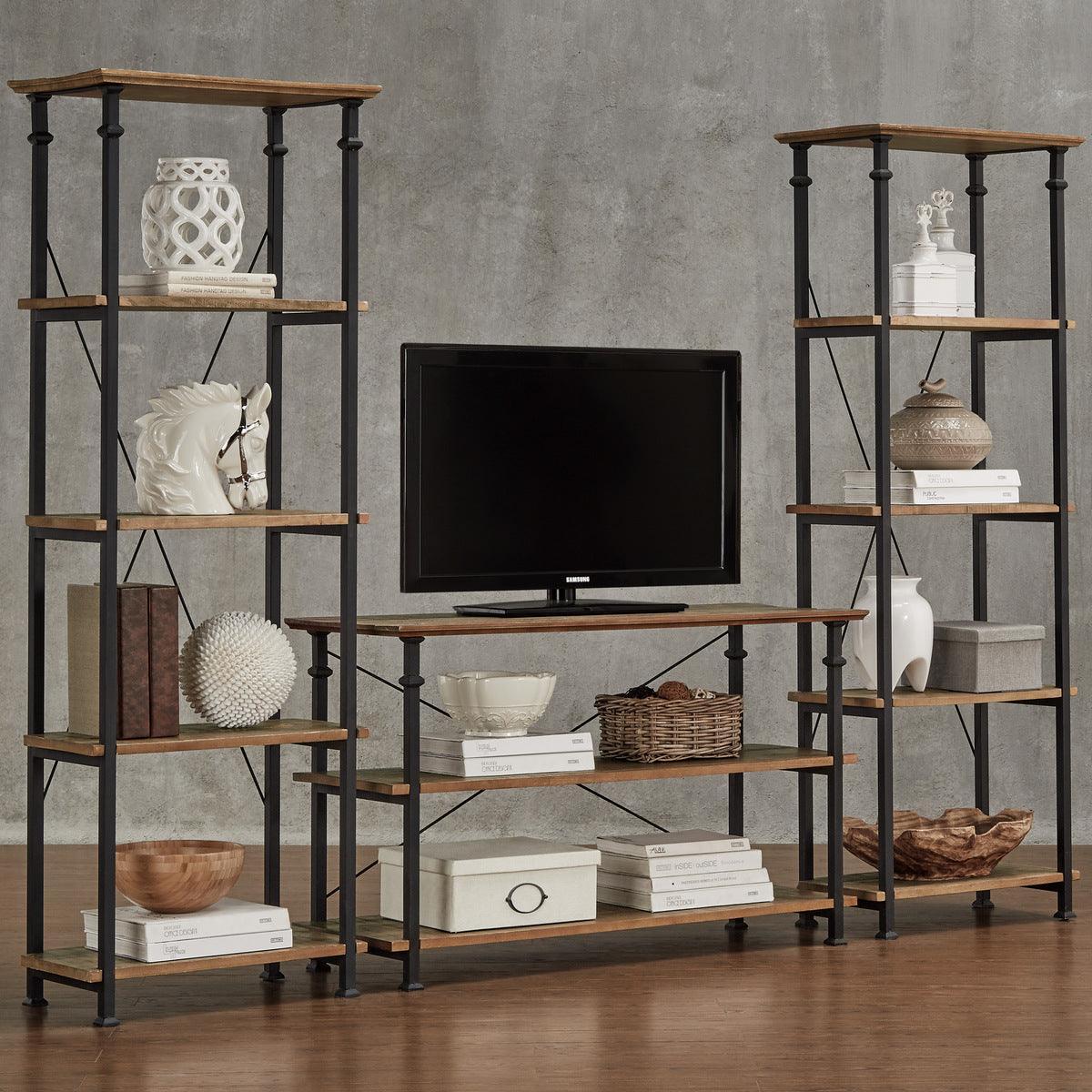Factory Rustic Poplar And Rustic Black Metal Modern Solid Wood And Metal Bookcase 4 Fixed Shelves - Ella Furniture