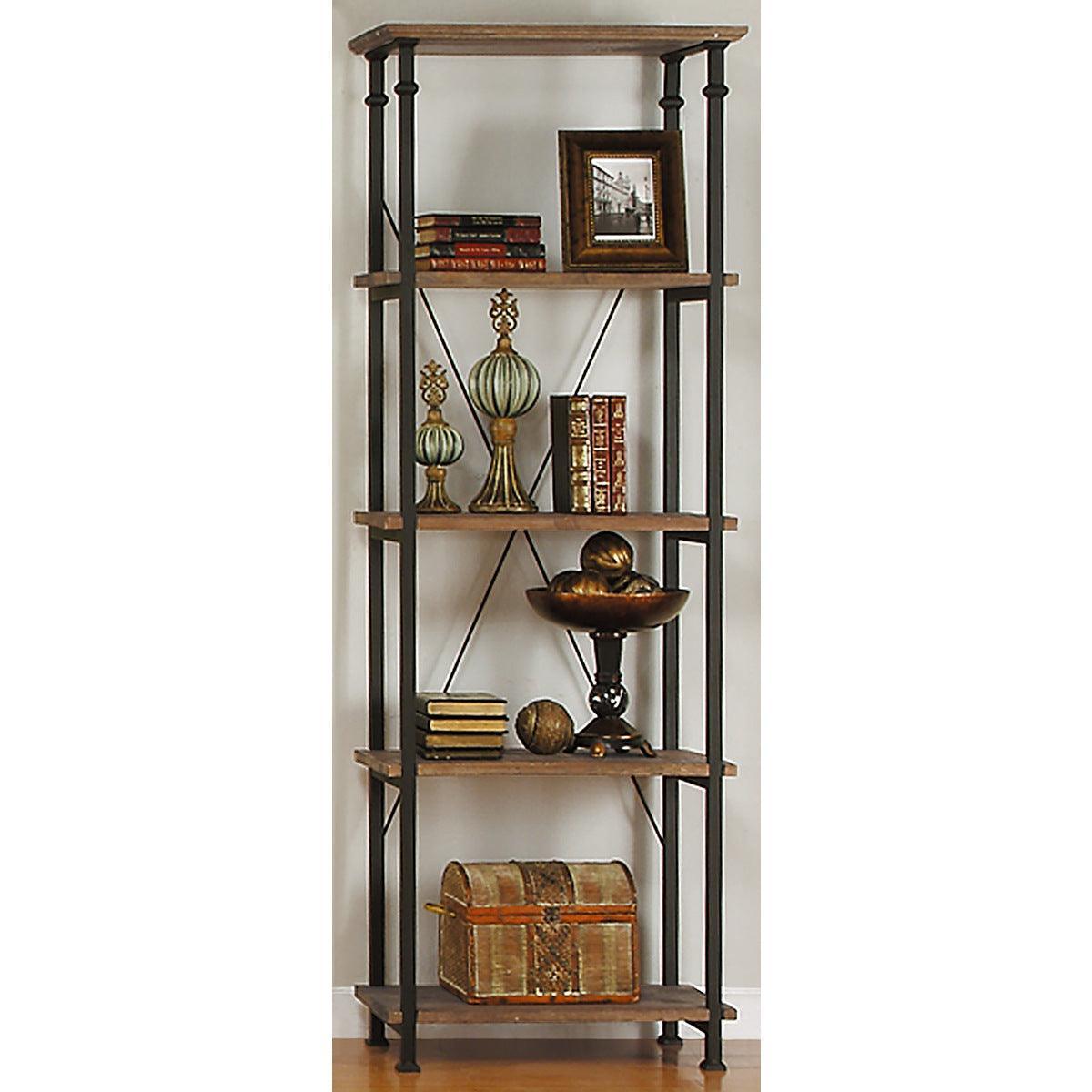 Factory Rustic Poplar And Rustic Black Metal Modern Solid Wood And Metal Bookcase 4 Fixed Shelves - Ella Furniture