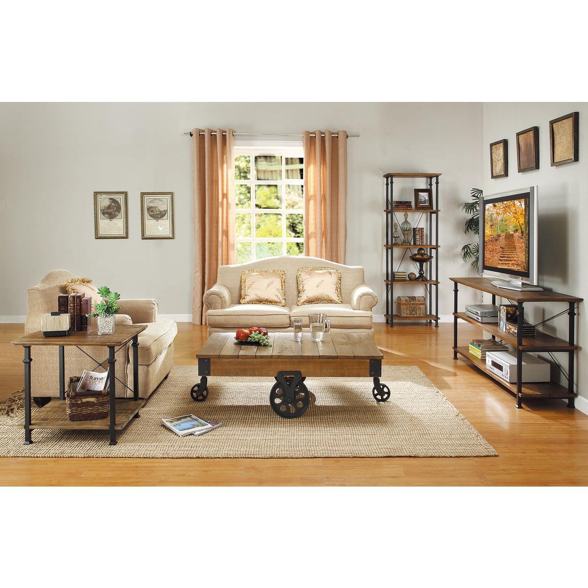 Factory Rustic Poplar And Rustic Black Metal Modern Solid Wood And Metal Bookcase 4 Fixed Shelves - Ella Furniture