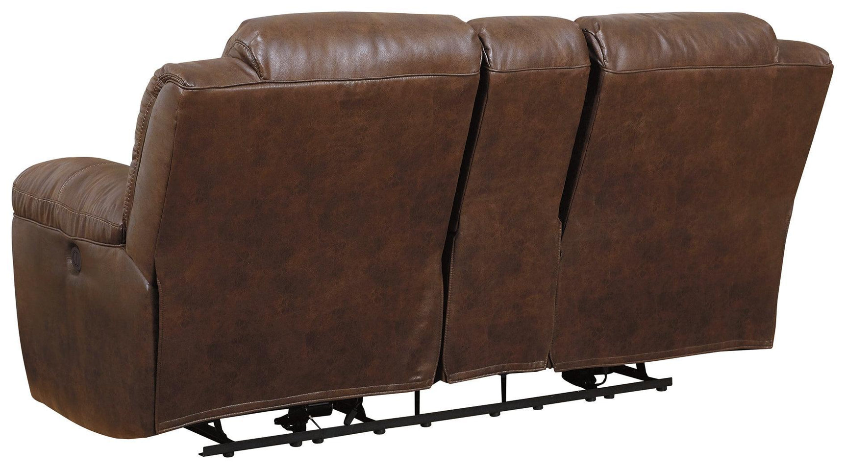 Stoneland Chocolate Faux Leather Power Reclining Loveseat With Console - Ella Furniture