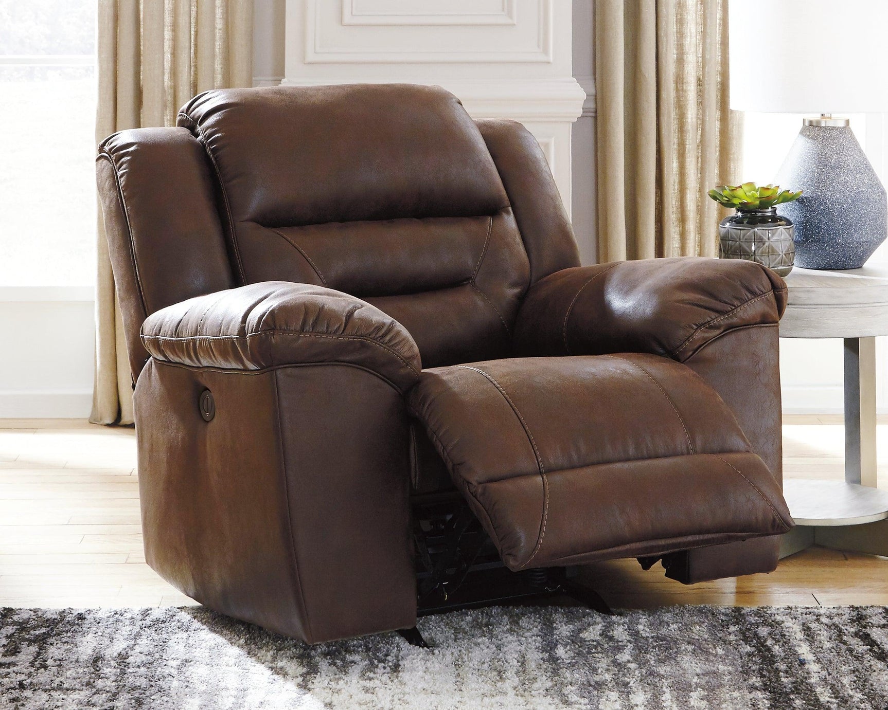 Stoneland Chocolate Faux Leather Power Recliner - Ella Furniture
