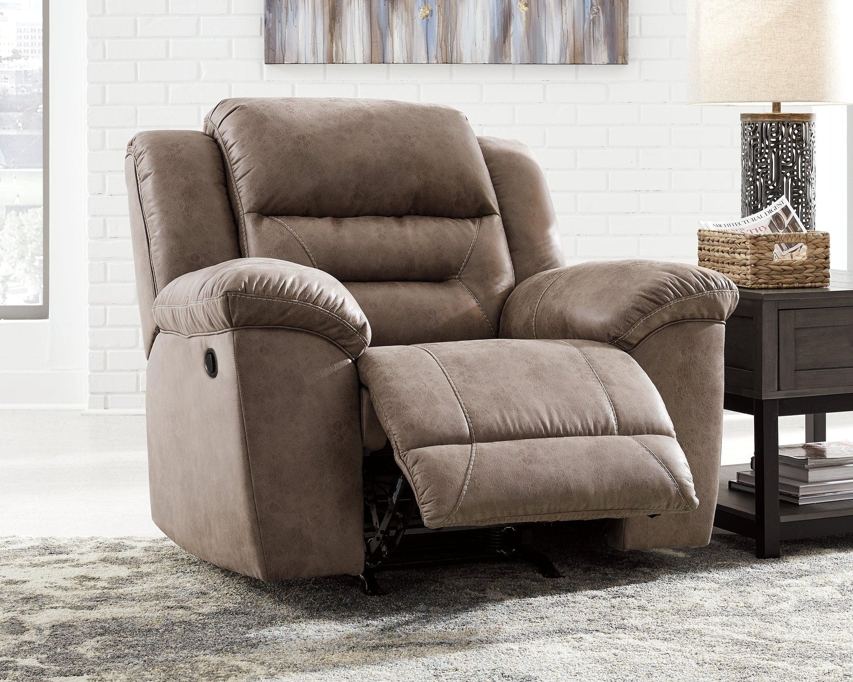 Stoneland Chocolate Faux Leather Recliner - Ella Furniture