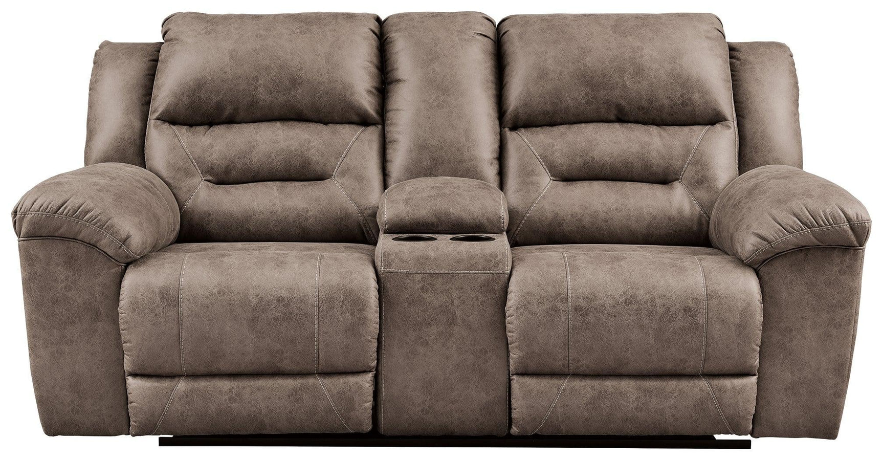 Stoneland Chocolate Faux Leather Reclining Loveseat With Console - Ella Furniture