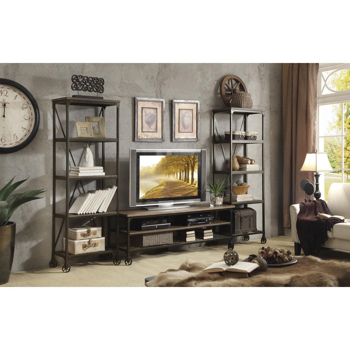 Millwood Weathered Natural And Rustic Black Metal Ash Veneers, Engineered Wood And Metal Bookcase - Ella Furniture