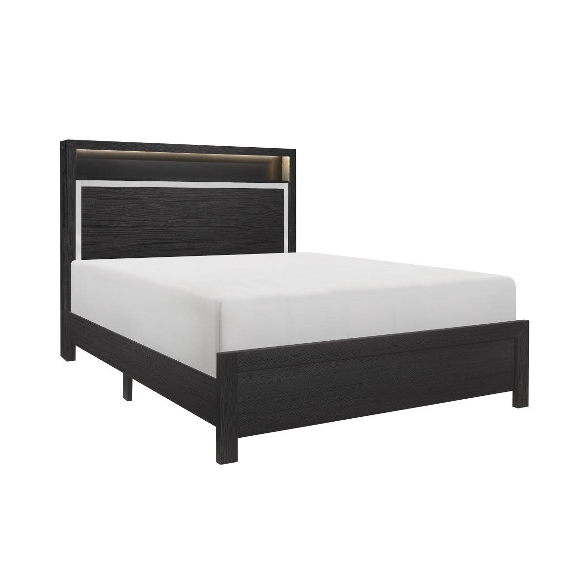 Bellante Black Modern Sleek Wood And Engineered Wood 3D Melamine Bookcase LED Upholstered Bed - Ella Furniture