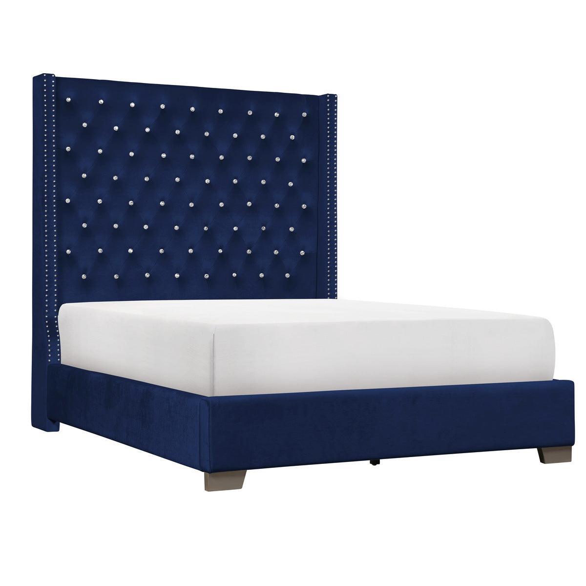Jacklyn Blue Modern Contemporary Solid Wood Faux Leather Upholstered Tufted King Panel Bed - Ella Furniture