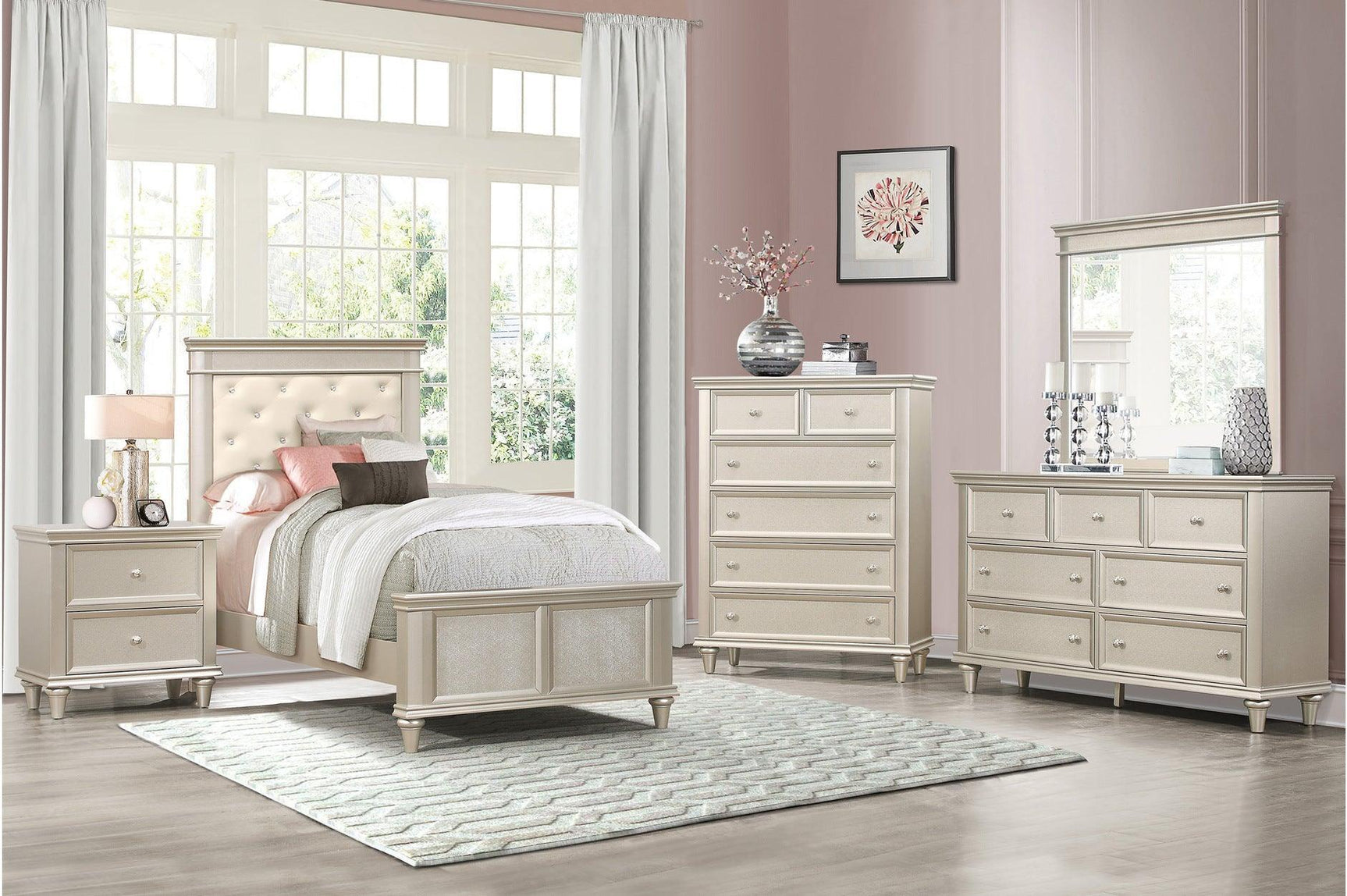 Celandine Pearl Embossed Traditional Engineered Wood Faux Leather Upholstered Tufted Youth Bedroom Set - Ella Furniture