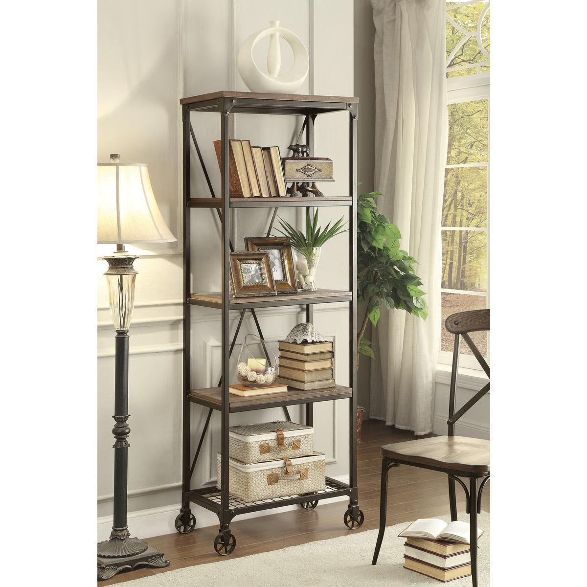 Millwood Weathered Natural And Rustic Black Metal Ash Veneers, Engineered Wood And Metal Bookcase - Ella Furniture