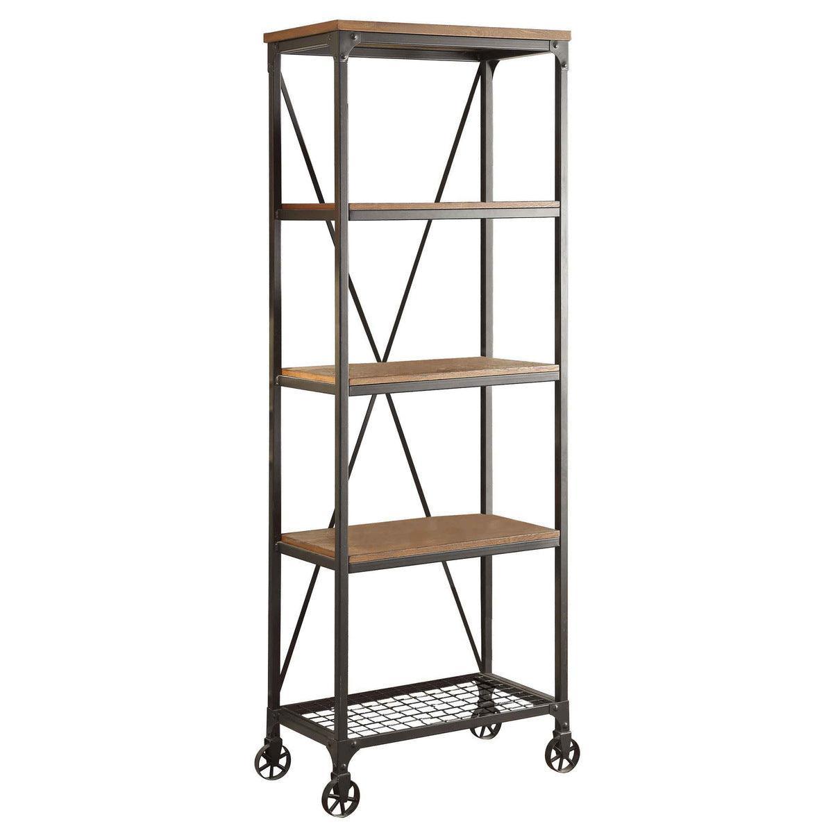 Millwood Weathered Natural And Rustic Black Metal Ash Veneers, Engineered Wood And Metal Bookcase - Ella Furniture