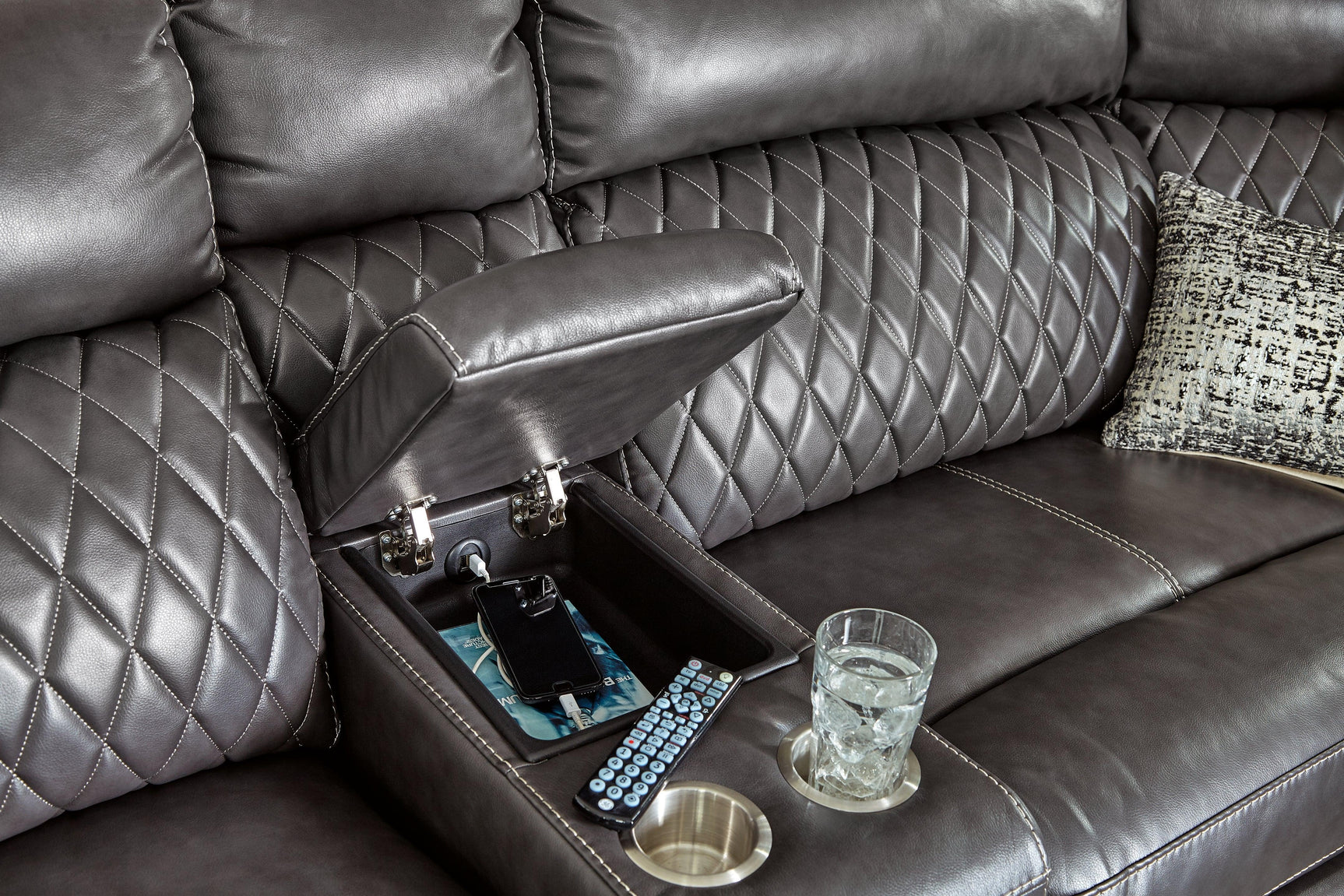 Samperstone Gray Faux Leather 3-Piece Power Reclining Sectional - Ella Furniture