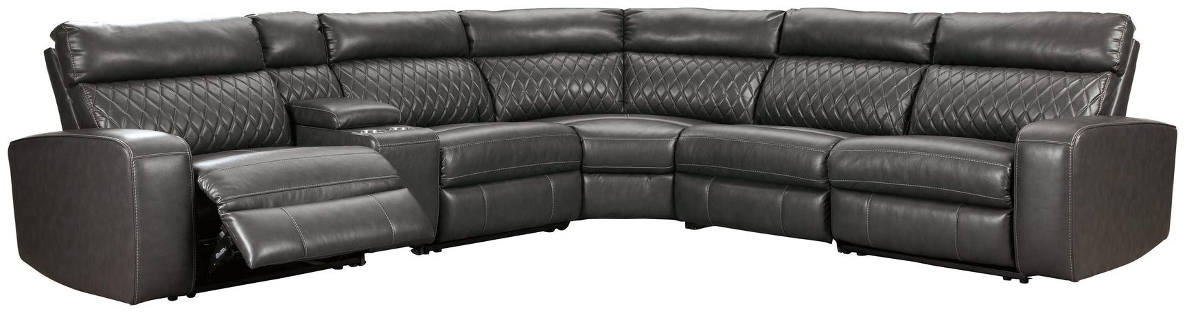 Samperstone Gray Faux Leather 6-Piece Power Reclining Sectional - Ella Furniture