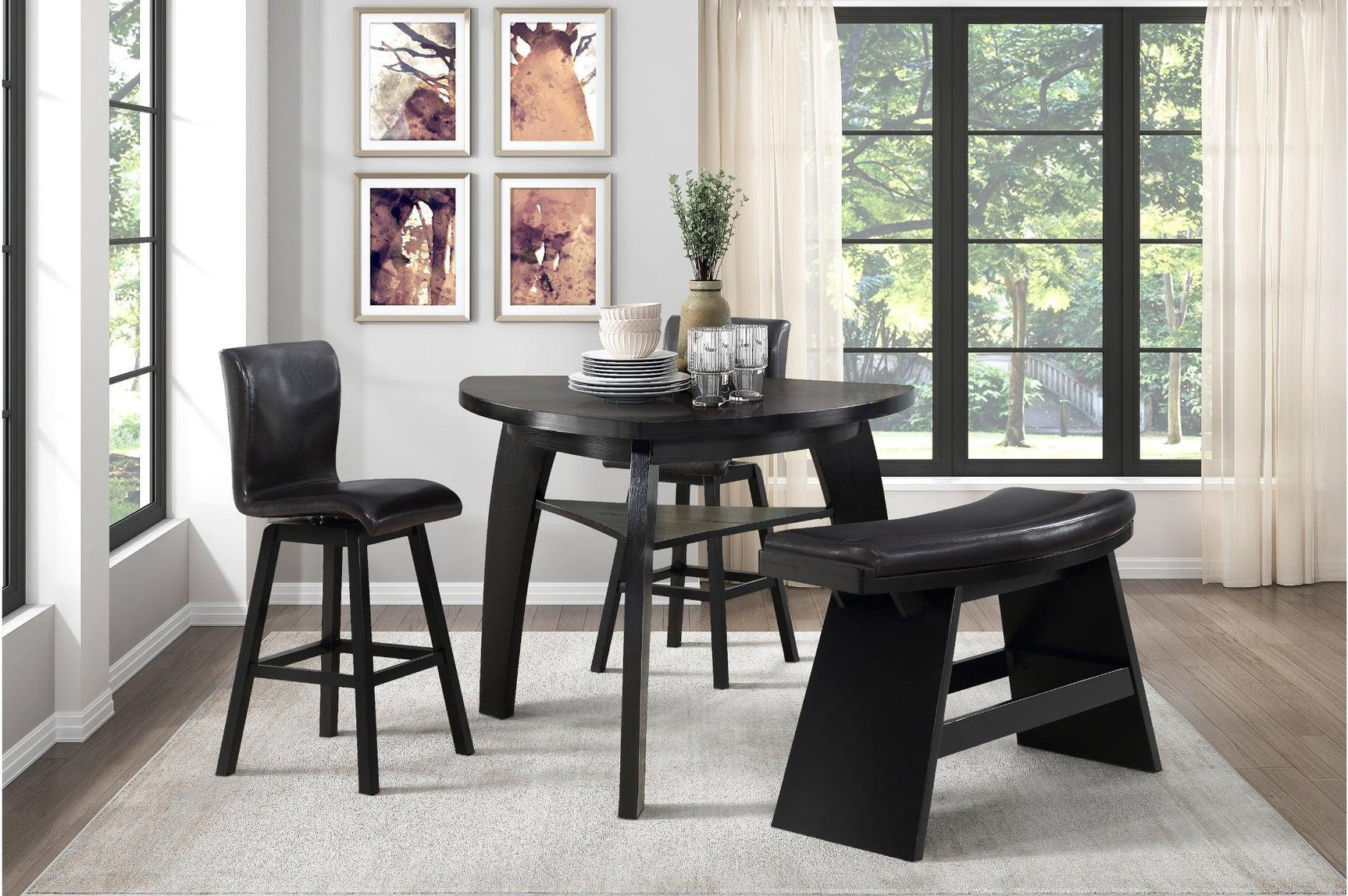 Hillshaw Dark-Cherry Solid Wood Faux Leather Upholstered Seat Triangular Dining Room Set - Ella Furniture
