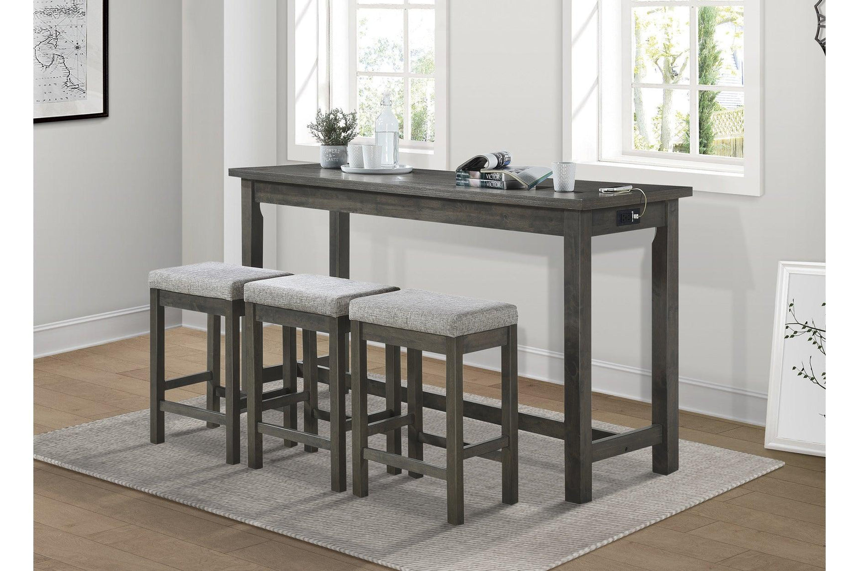Connected Gray Wood And Metal Fabric Upholstery Seat Rectangular Counter Height Dining Room Set - Ella Furniture
