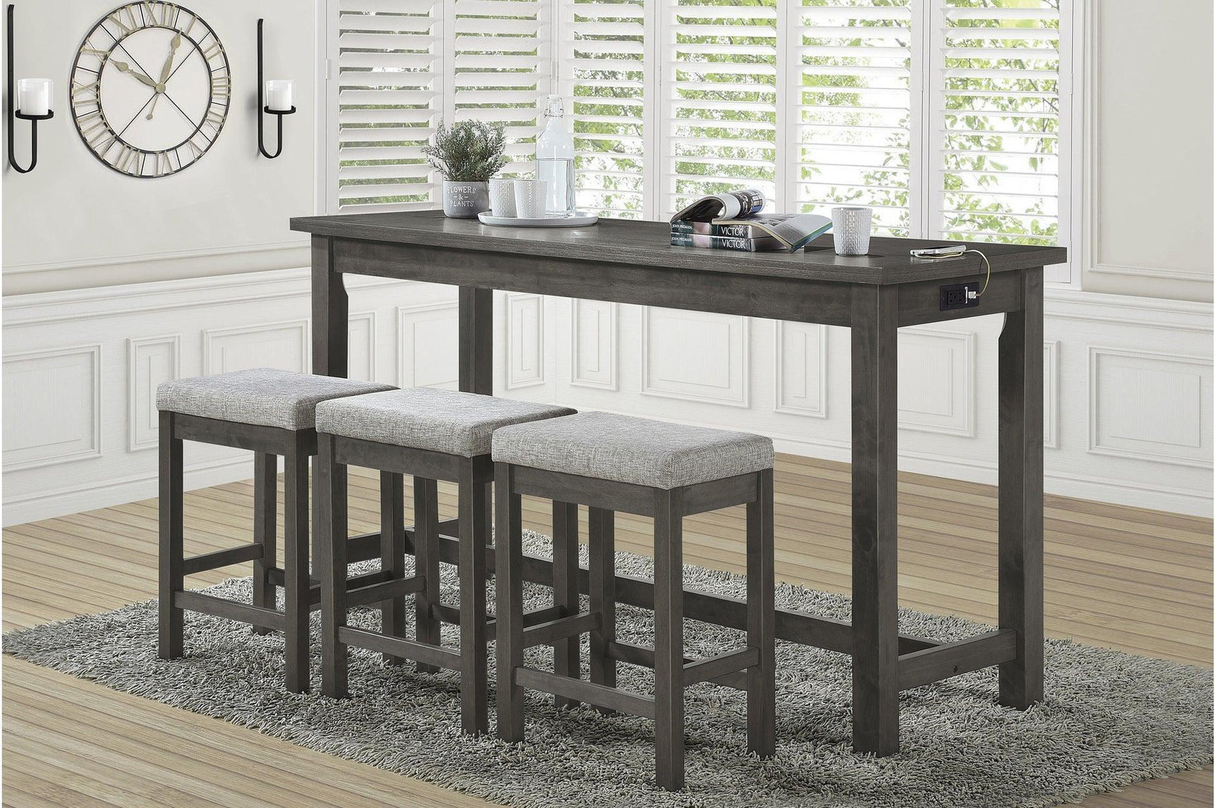 Connected Gray Wood And Metal Fabric Upholstery Seat Rectangular Counter Height Dining Room Set - Ella Furniture