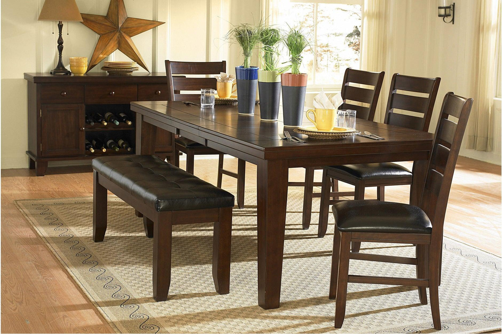 Ameillia Smooth Dark Oak Contemporary Solid Wood Faux Leather Seat Rectangular Dining Room Set - Ella Furniture