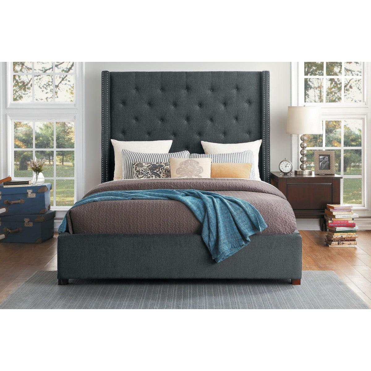 Fairborn Gray Traditional Solid Wood And Plywood Frame Fabric Upholstery Tufted King Platform Bed - Ella Furniture